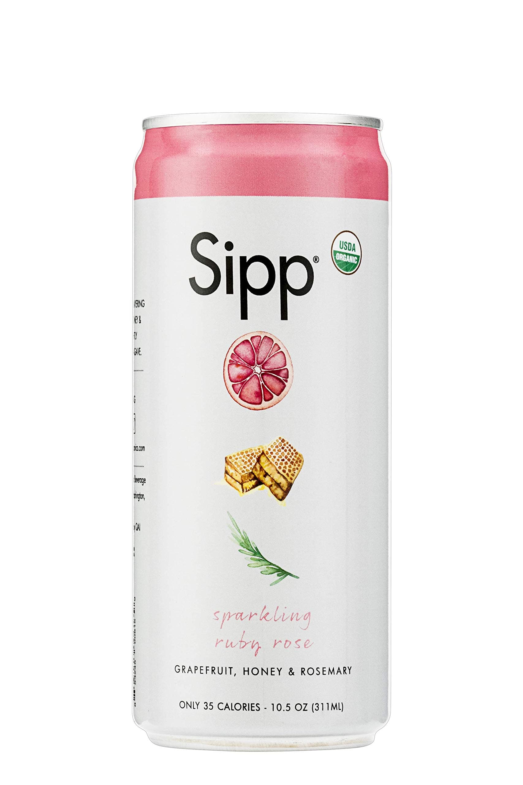 Sipp Sparkling Organic Ruby Rose Beverage | Refreshing Grapefruit, Honey, Rosemary Flavor | Clean Organic Fruit & Herb Ingredients | Low Sugar, Low Calorie | 10.5 Ounce Cans | Pack of 12