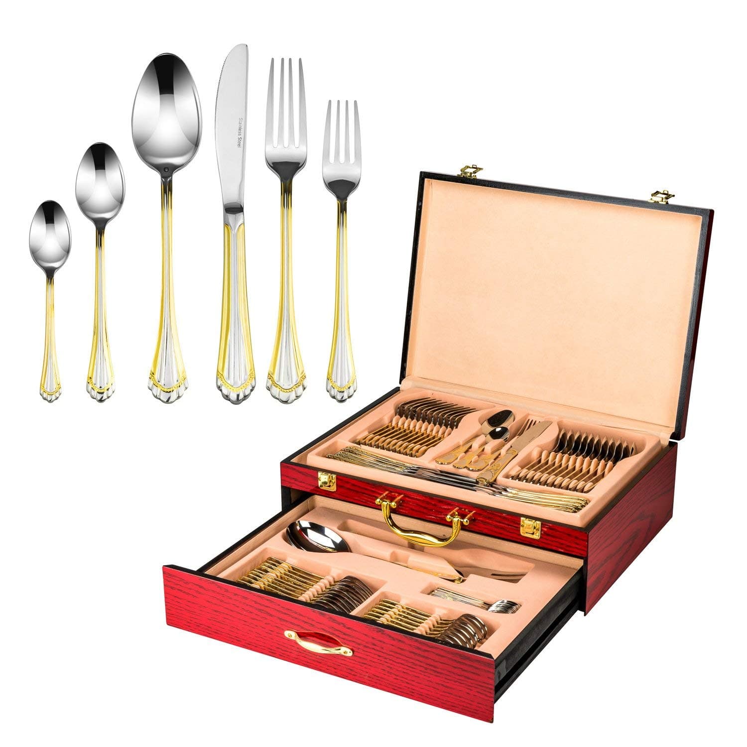 Italian Collection 'Tuscana Gold' 75-Pc Premium Silverware Flatware Serving Set, Dining Cutlery Service for 12, 24K Gold Plated 18/10 Stainless Steel Hostess Serving Set in a Chest