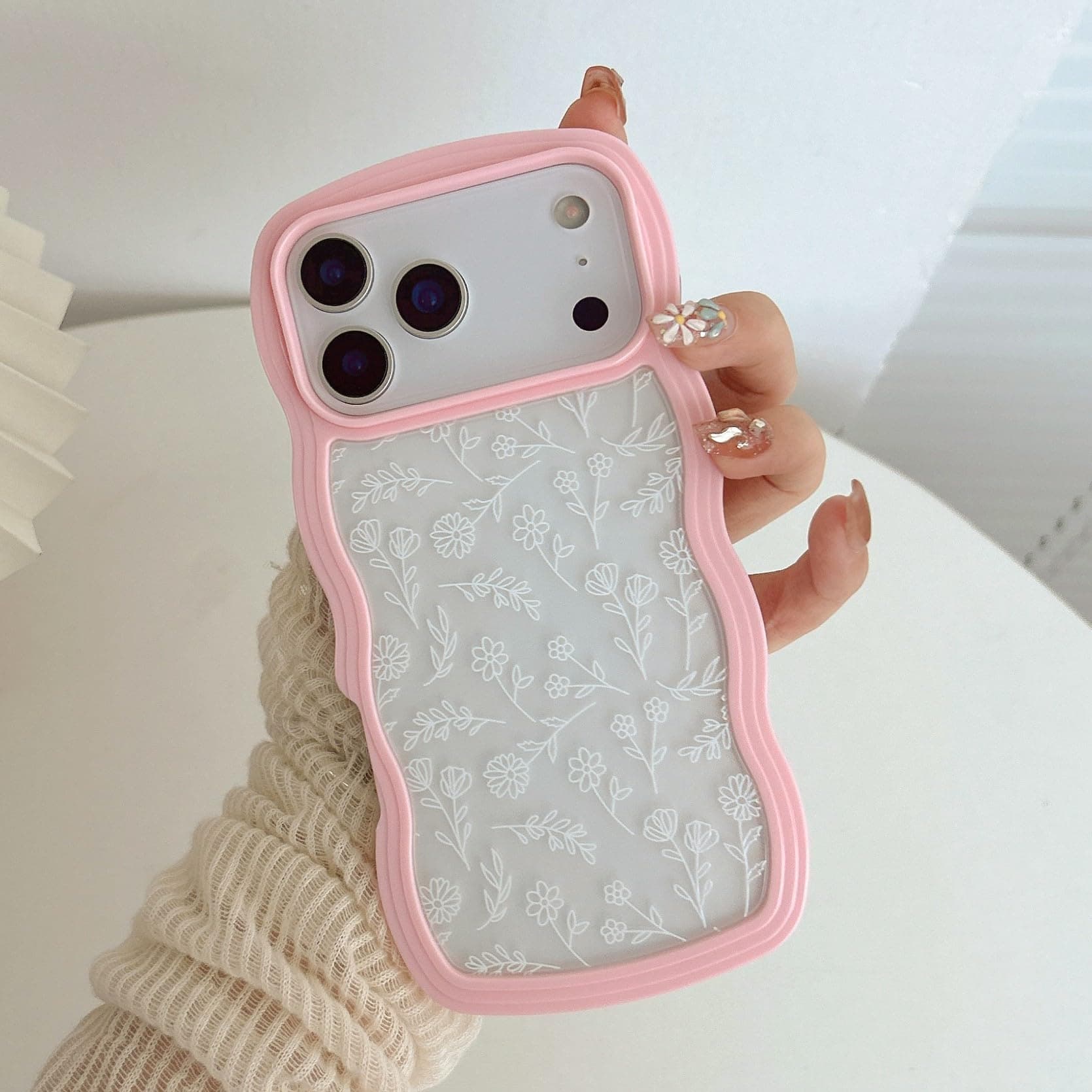 QLTYPRI for iPhone 17 Pro Case, Cute Curly Wave Frame Clear Case for Girls Women, Flower Clear TPU Bumper Slim Soft Silicone Shockproof Protective Phone Cover for iPhone 17 Pro - White Floral/Pink