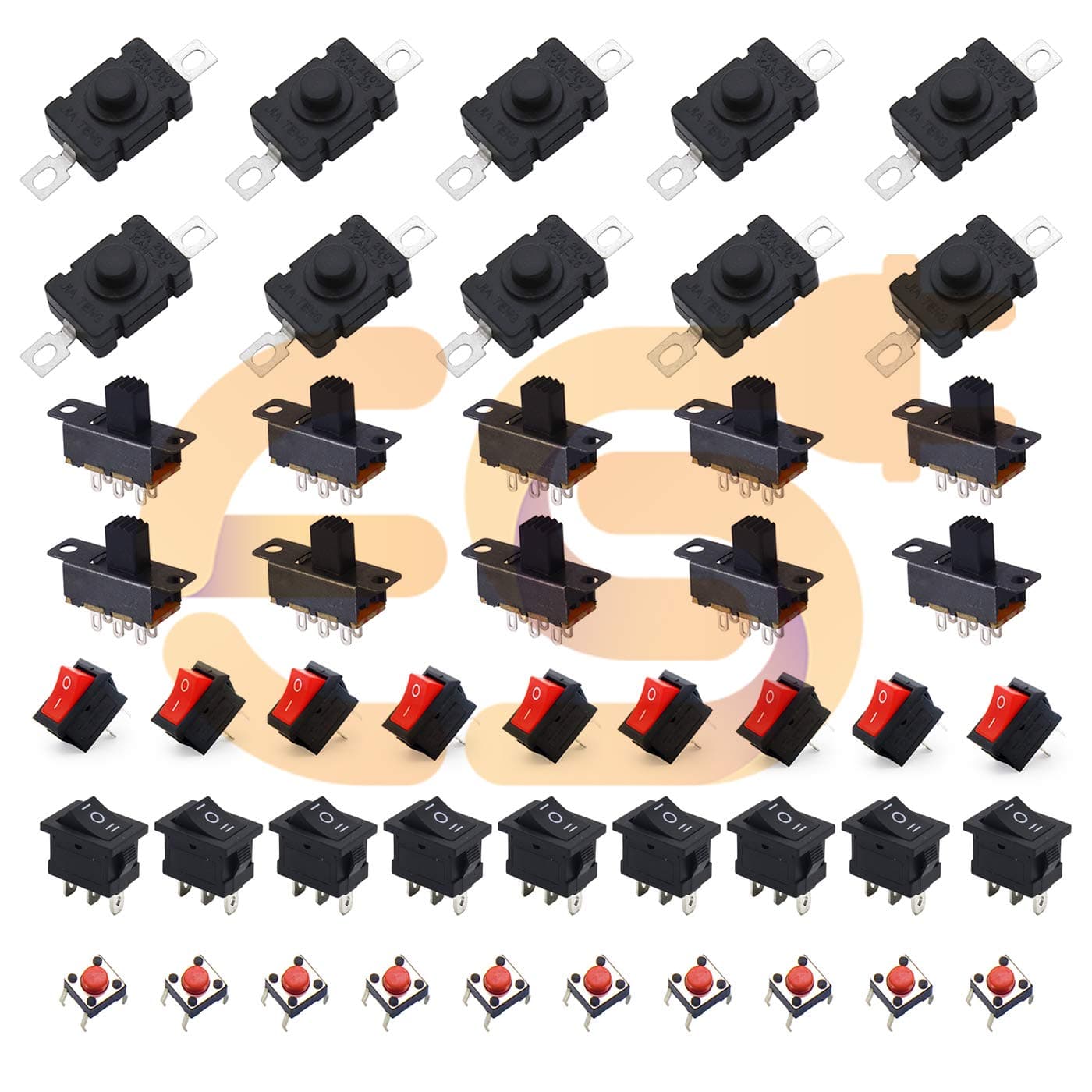 Electronicspices Combo Of Switchs rocker + Push + Slide 10pcs each for electronic and science project (5 types)