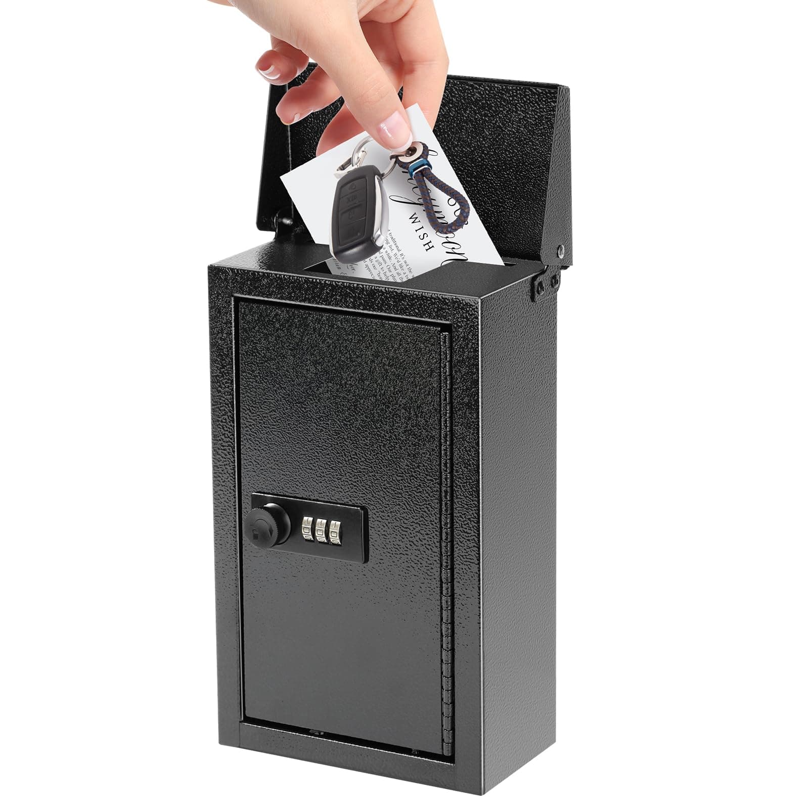 Wall-Mounted Key Drop Box with Combination Lock, Metal Mailbox, Indoor&Outdoor Storage Box, Hanging Secured Postbox, for Home & Business Use, 5.5X 3.0X 9.8 inch, Black