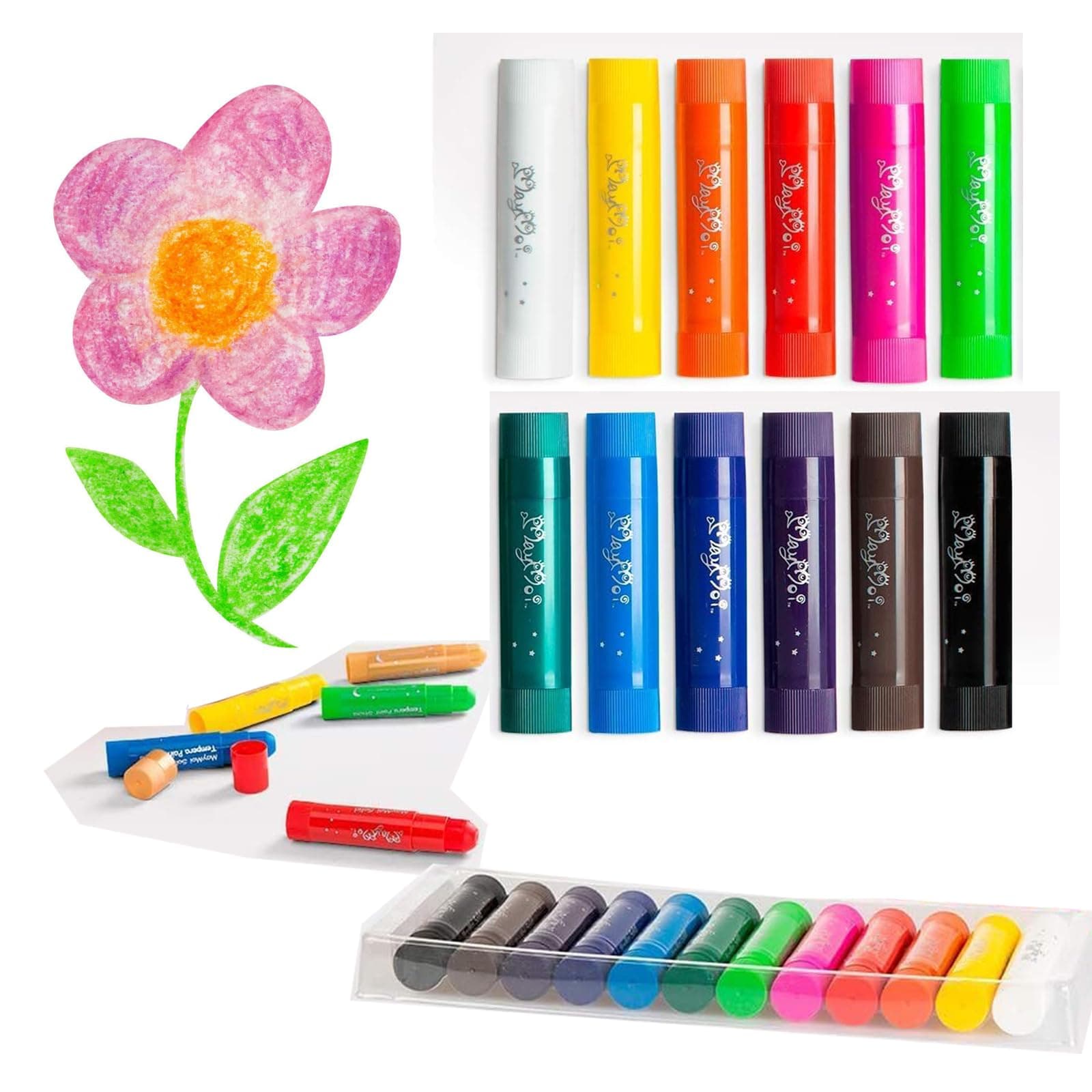 Tempera Paint Sticks - 12 Bright Colors, Quick Drying, Easy to Color and Washable Crayons for Teens and Students