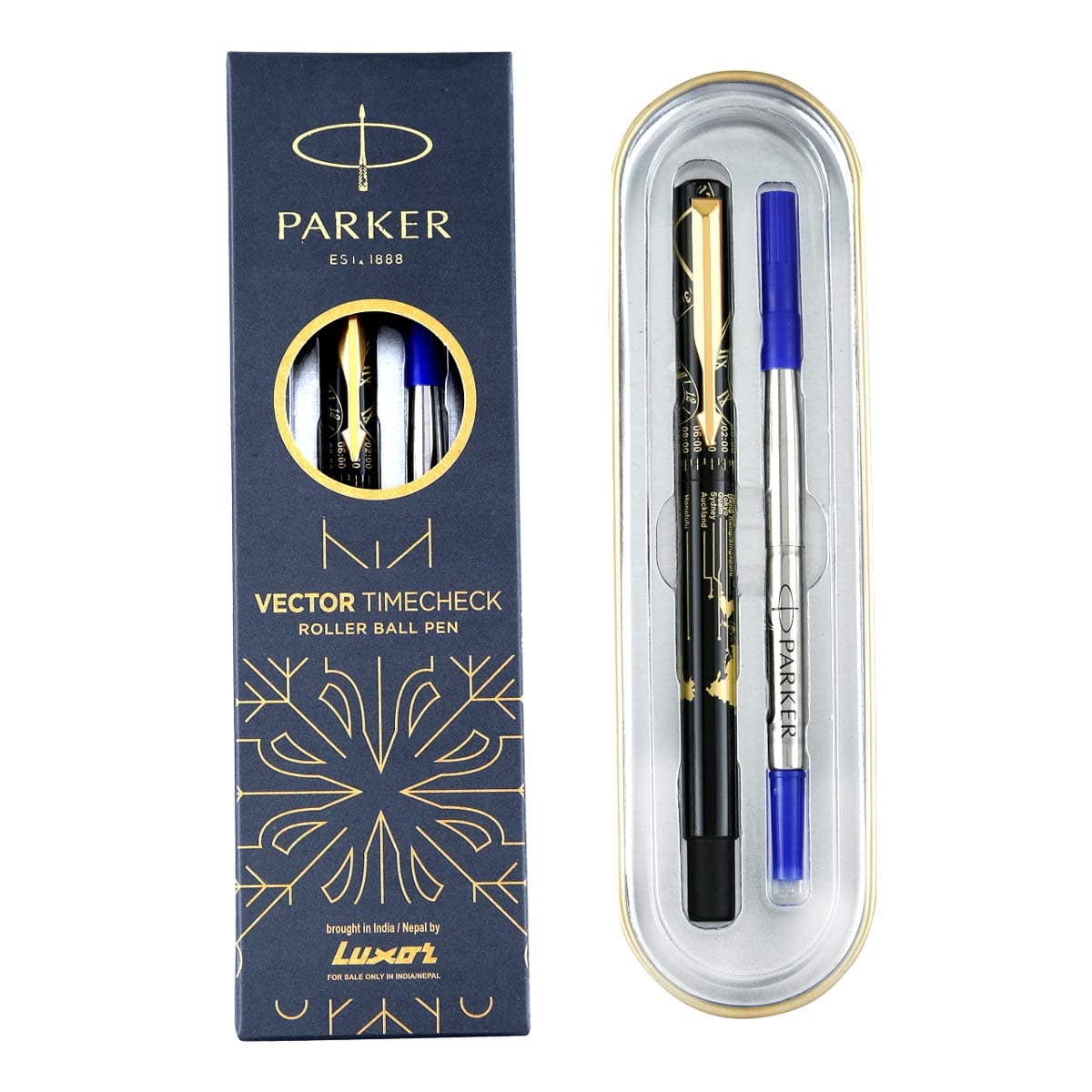 Parker Special Edition Vector Time Check Gold Trim Roller Ball Pen | Ink Color Blue | Navigator Technology | Moulded Cap & barrel in world wide time Zones
