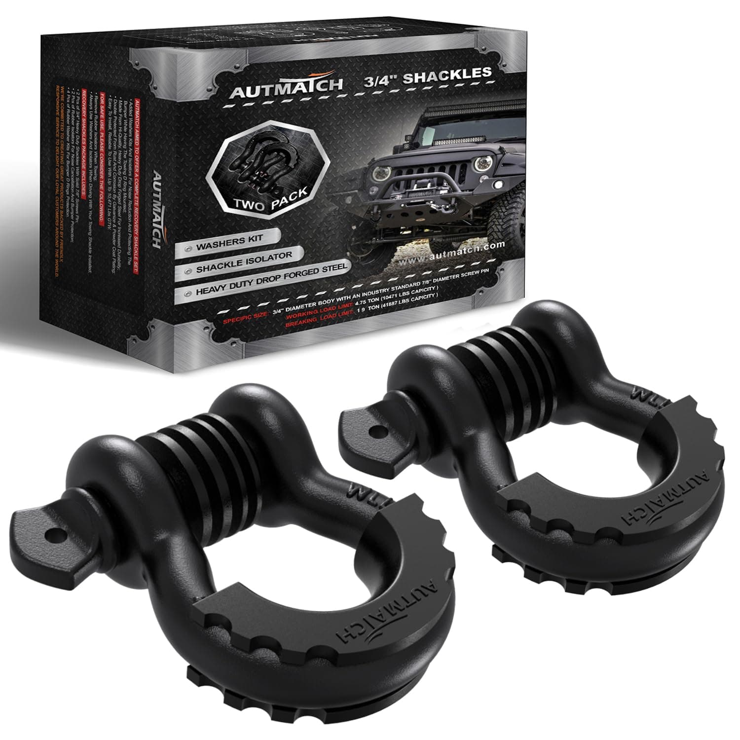 AUTMATCH D Ring Shackle 3/4" Shackles (2 Pack) 41,887Ibs Break Strength, Clevis Shackle with 7/8" Screw Pin and Shackle Isolator Washer Kit for Tow Strap Winch Off Road Vehicle Recovery, Frosted Black