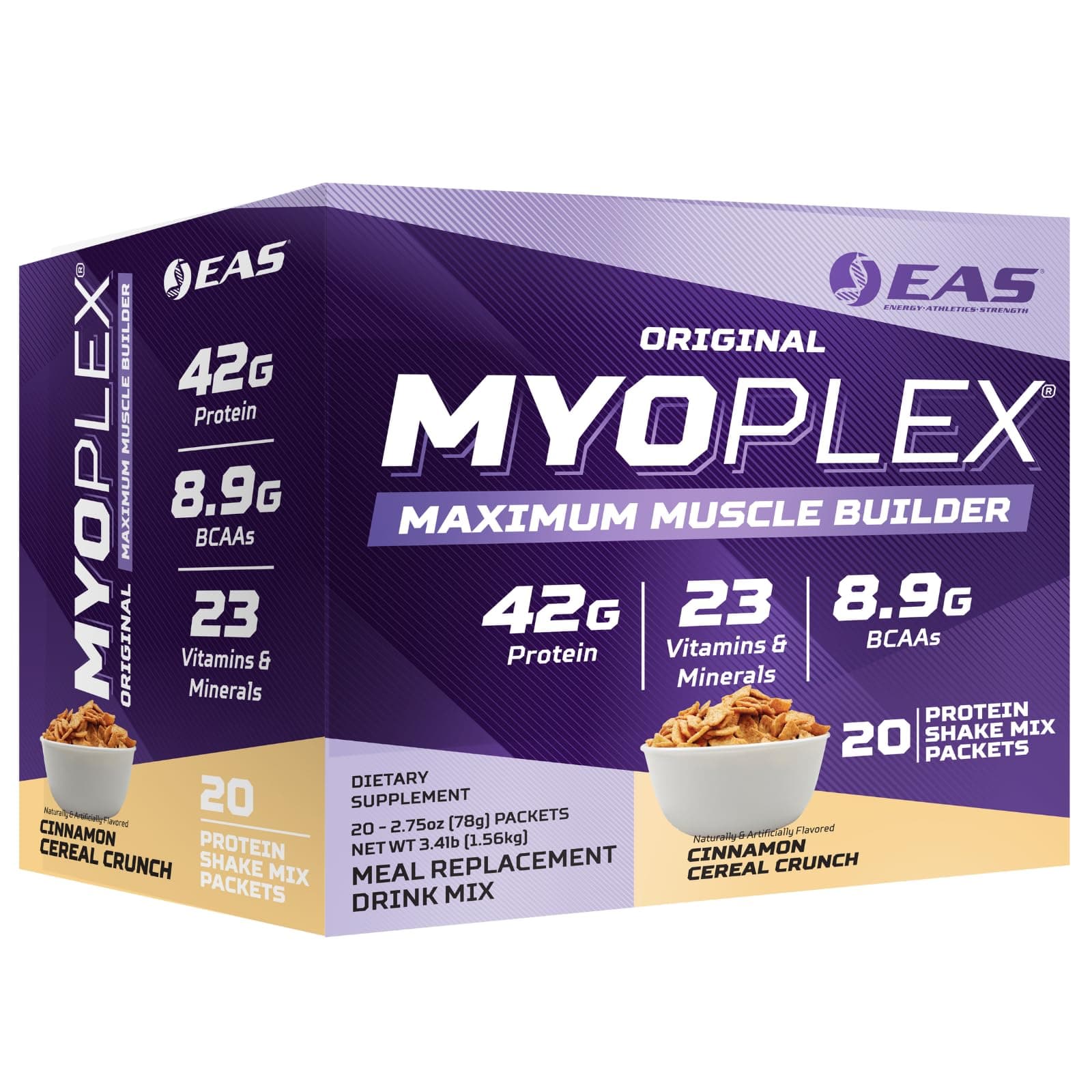 Experimental & Applied Sciences EAS Original Myoplex Maximum Muscle Builder | Meal Replacement Protein Drink Mix | Quality Protein Blend | 42g Protein | 20 Individual Packets (Cinnamon Cereal Crunch)