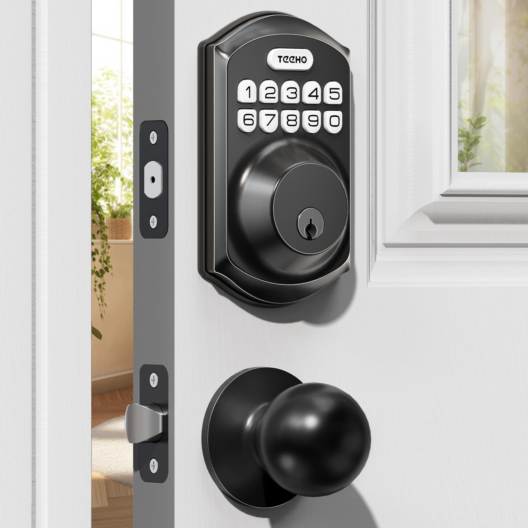 TEEHO TE001K Keyless Entry Door Lock with Handle, Electronic Keypad Deadbolt with 2 Knobs, High-Security Front Door Handle Set for Home & Rental, Smart Auto-Locking, Easy Install, Matte Black