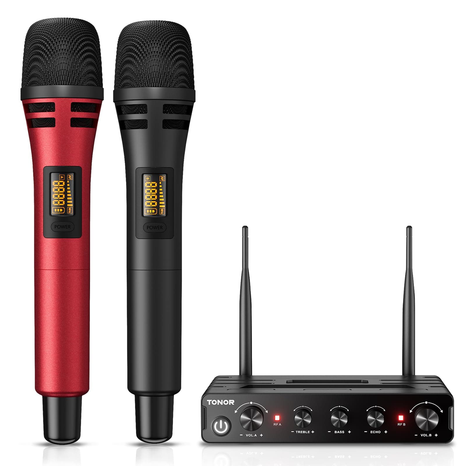 TONOR Wireless Microphone Systems, UHF Cordless Karaoke Microphones, Handheld Dynamic Mic Microfono Kit with Receiver for Karaoke, Singing, Church, Adjustable Frequencies, 200ft Range TW350 Black&Red