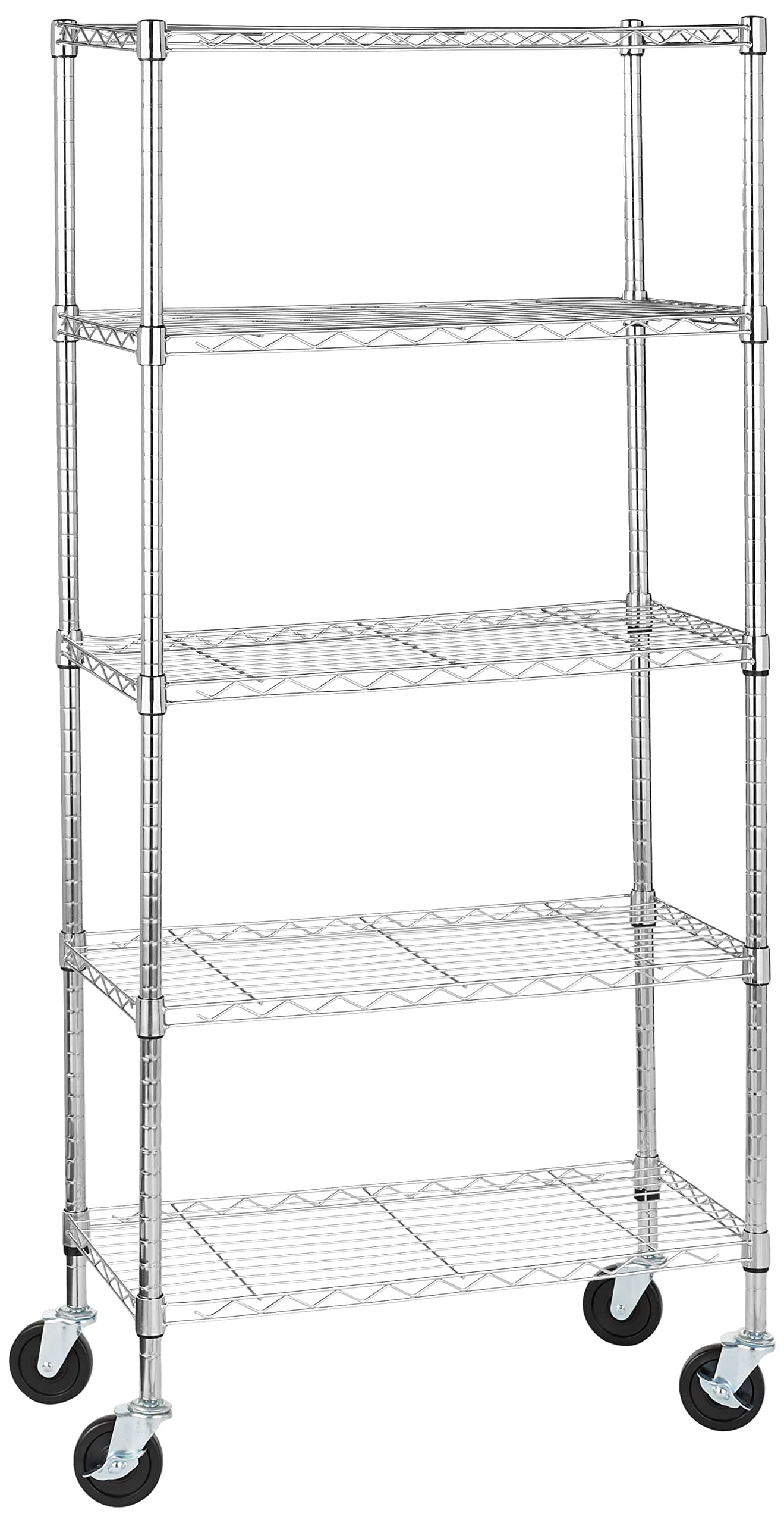 Amazon Basics 5-Shelf Adjustable, Heavy Duty Storage Shelving Unit on 4" Wheel Casters, Easy to Move Portable Wire Shelving, No Tools Needed for Easy Assembly, 30" x 14" x 64.8", Chrome