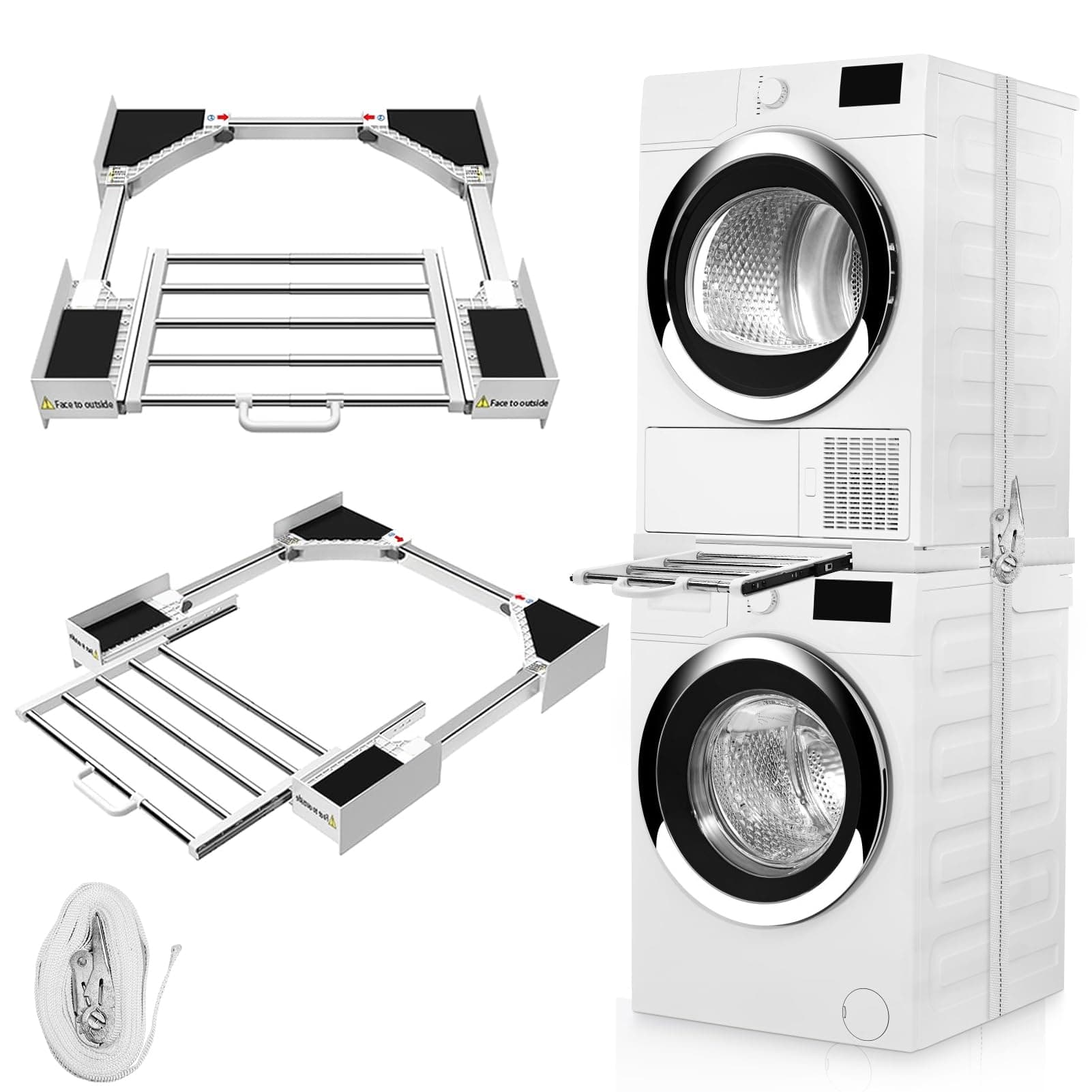 Washer Dryer Stacking Kit, Universal 29"/28"/27"/26"/25"/24" Stackable with Pull-Out Drying Rack, Adjustable Stacking Kit for Washer and Dryer, Connecting Frame with Ratchet Strap