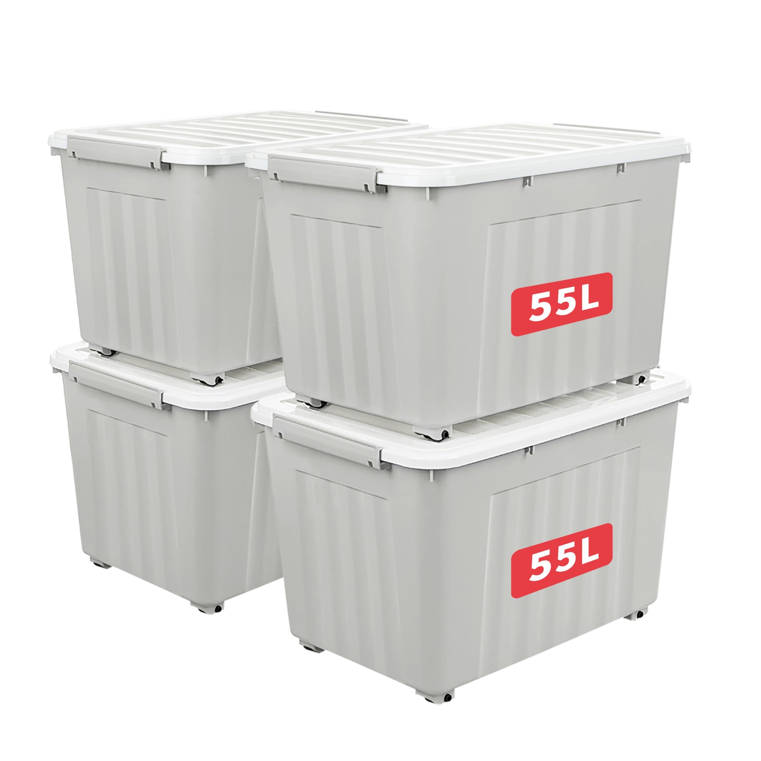 Cetomo 55L*4 Storage Boxes with Lids, Plastic Storage Box with Wheels and Secure Side Latches, Stackable & Nestable Organizer for Home, Office, Moving, PP, Gray, 55L-4 Pack