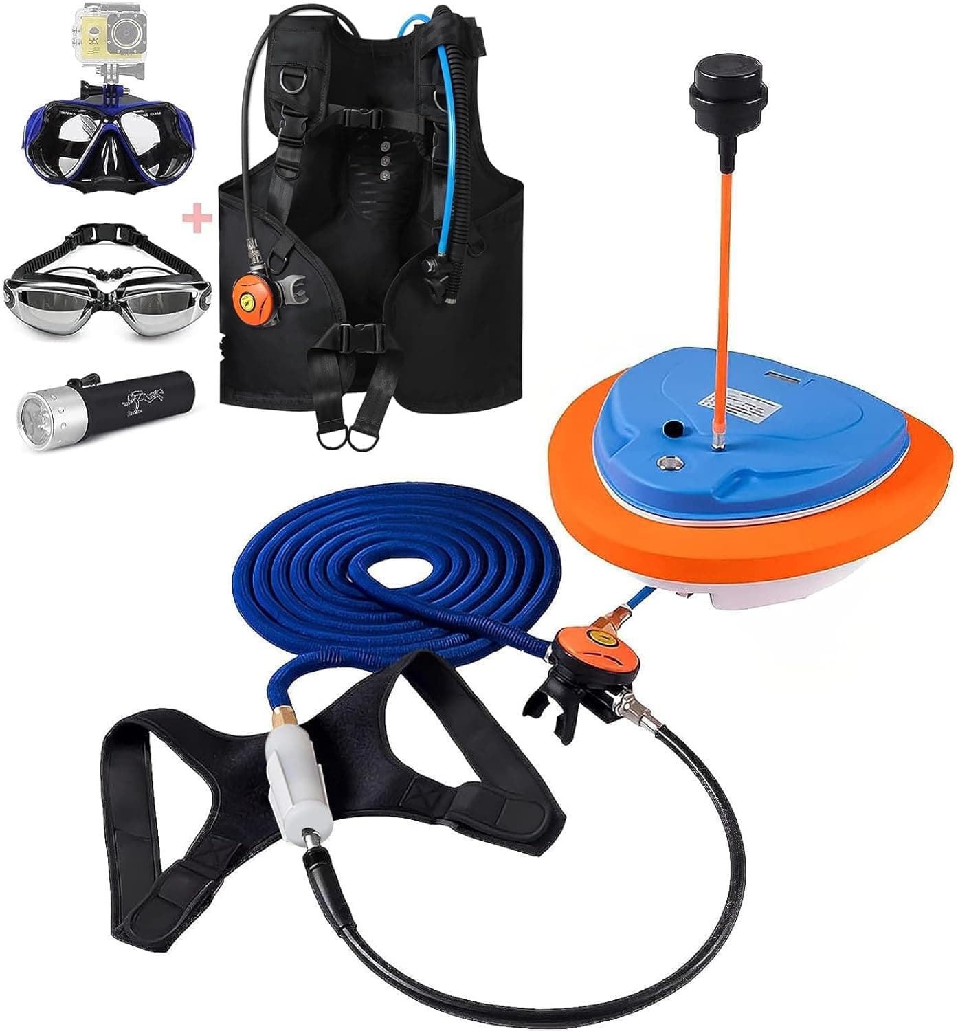 3 Hours Scuba Diving Ventilator System with Mask Mount, Diving Equipment Diving Toys Floating Air Pump/Tank with 10M Telescopic Pipe & Breathing Regulator 57 Liters/min for Underwater Snorkeling