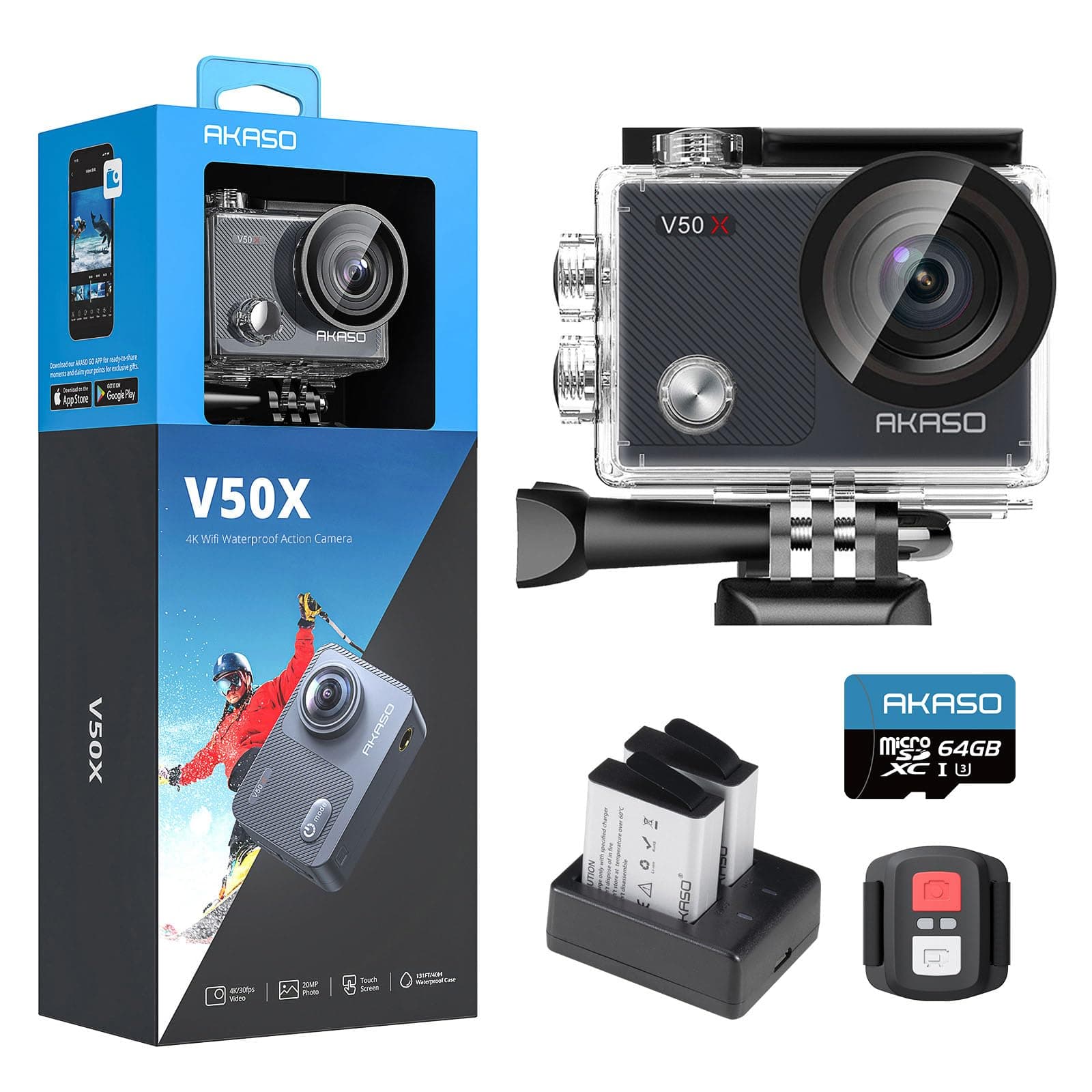 – AKASO V50 X Action Camera with 64GB microSDXC Memory Card - Native 4K Wifi Underwater 40M EIS Anti-Shake Cam with Touch Screen, Remote Control, Waterproof Case and Mounting Accessories Kit