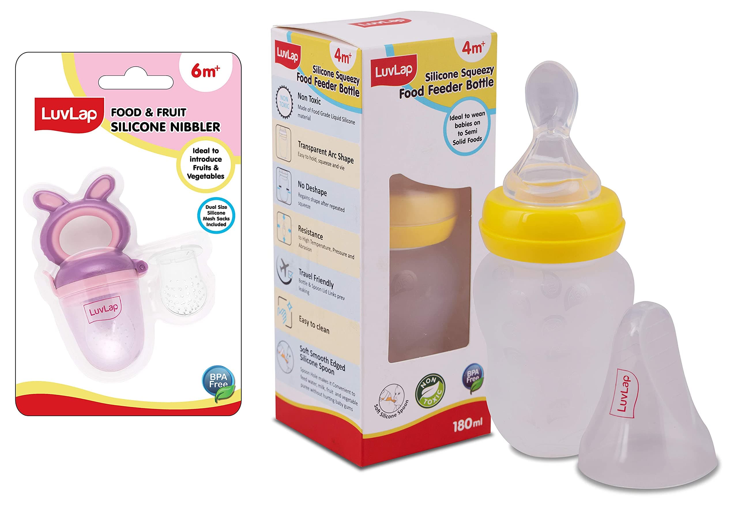 Silicone Food/Fruit Nibbler with Extra Mesh, Soft Pacifier/Feeder, Teether for Infant Baby, Infant, Bunny Violet & Pink & Feeding Spoon with Feeder Bottle, 180Ml, Bpa Free