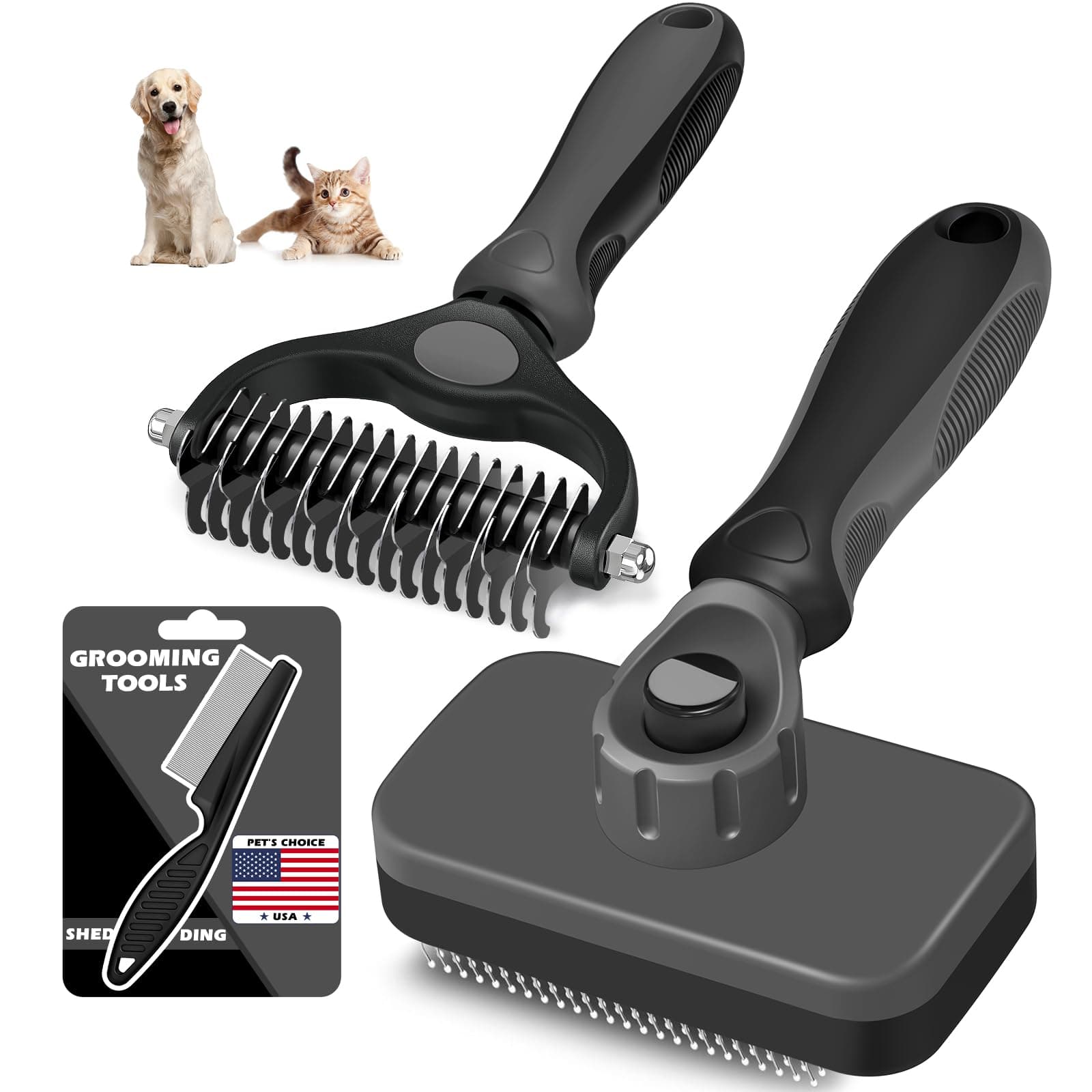 3PCS Self Cleaning Slicker Brush & Pet Grooming Rake & Flea Comb for Dogs,Cats and Horses | Double-Sided Dematting Comb & Skin Friendly Deshedding Grooming Tool | Premium Pet Supplies(Gray Black)