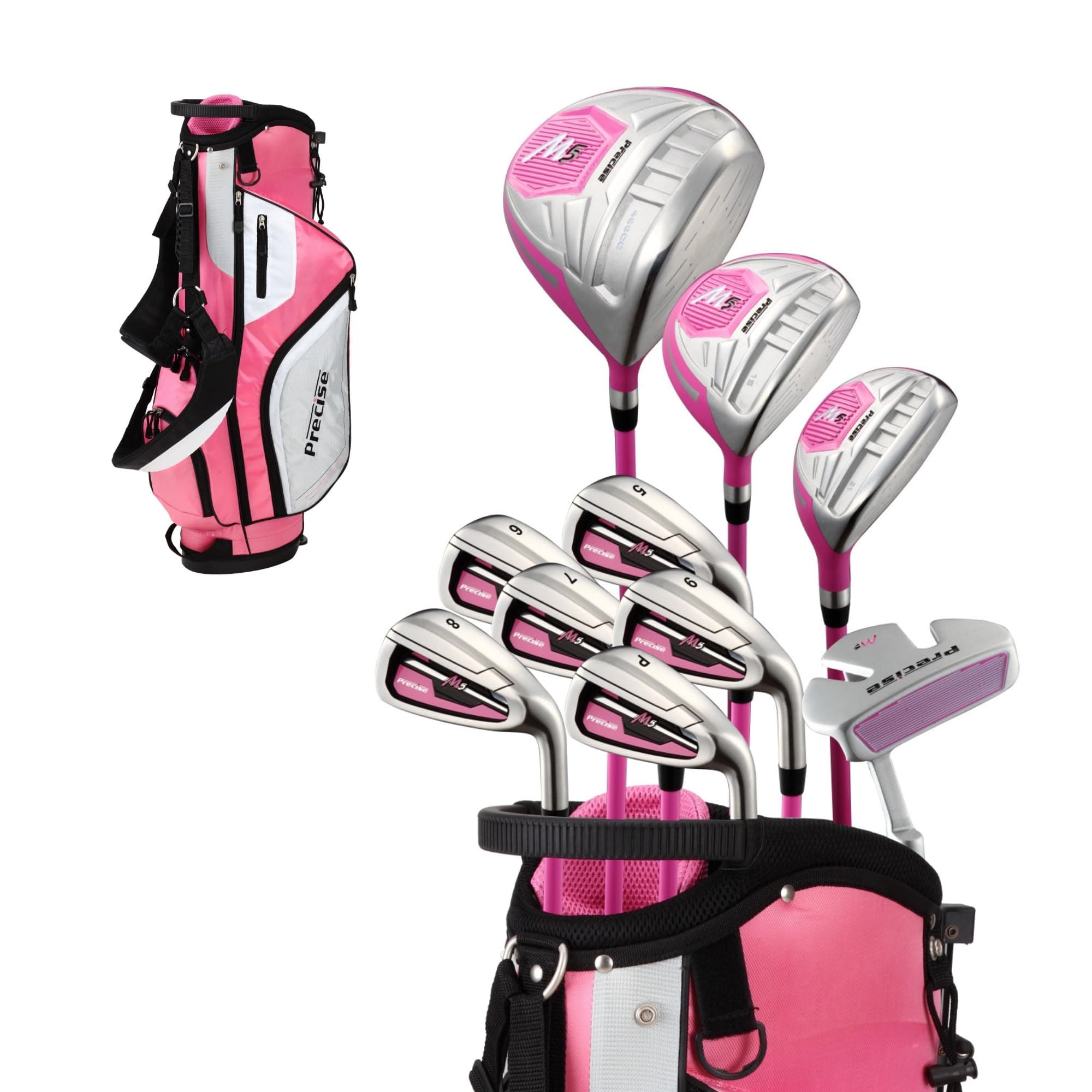 Precise M5 Womens Golf Clubs Full Set, Titanium Driver, S.S. Fairway, S.S. Hybrid, S.S. 5-PW Irons, Putter, Stand Bag, 3 H/C's, Golf Clubs Women Right Handed, Pink