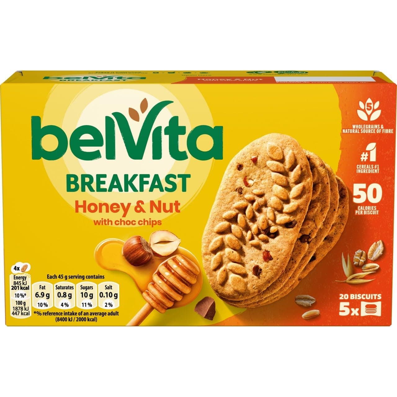 Belvita Honey & Nut with Chocolate Chips Cereal Snack Bars with 5 Wholegrains, Multipack 225 g (5 x 45 g)