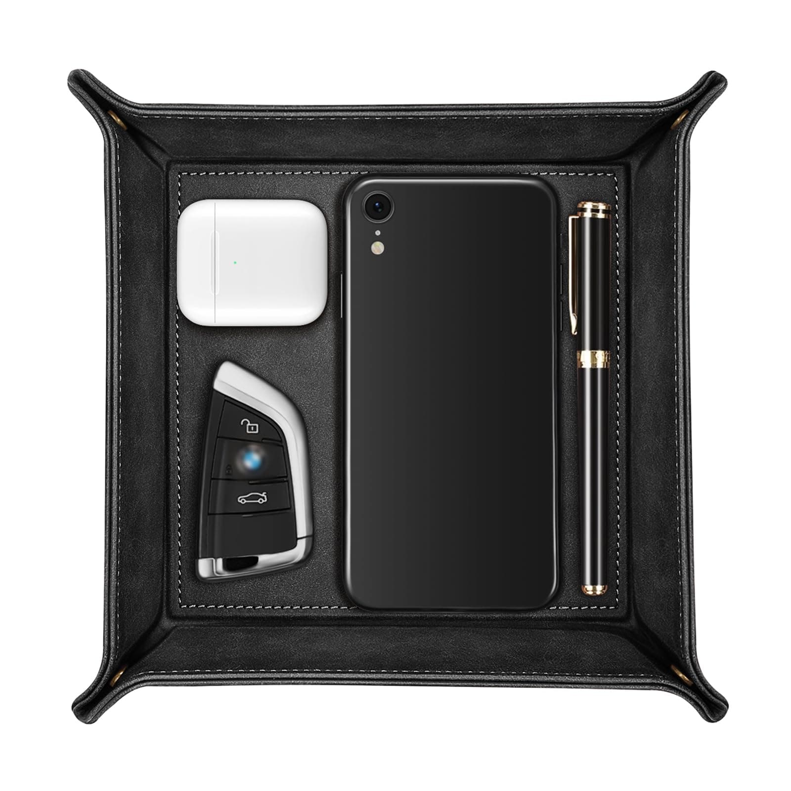 SITHON Valet Tray, Premium PU Leather Desktop Storage Organizer for Remote, Keys, Phone, Wallet, Jewelry, and More – Nightstand & Vanity Caddy (Black)
