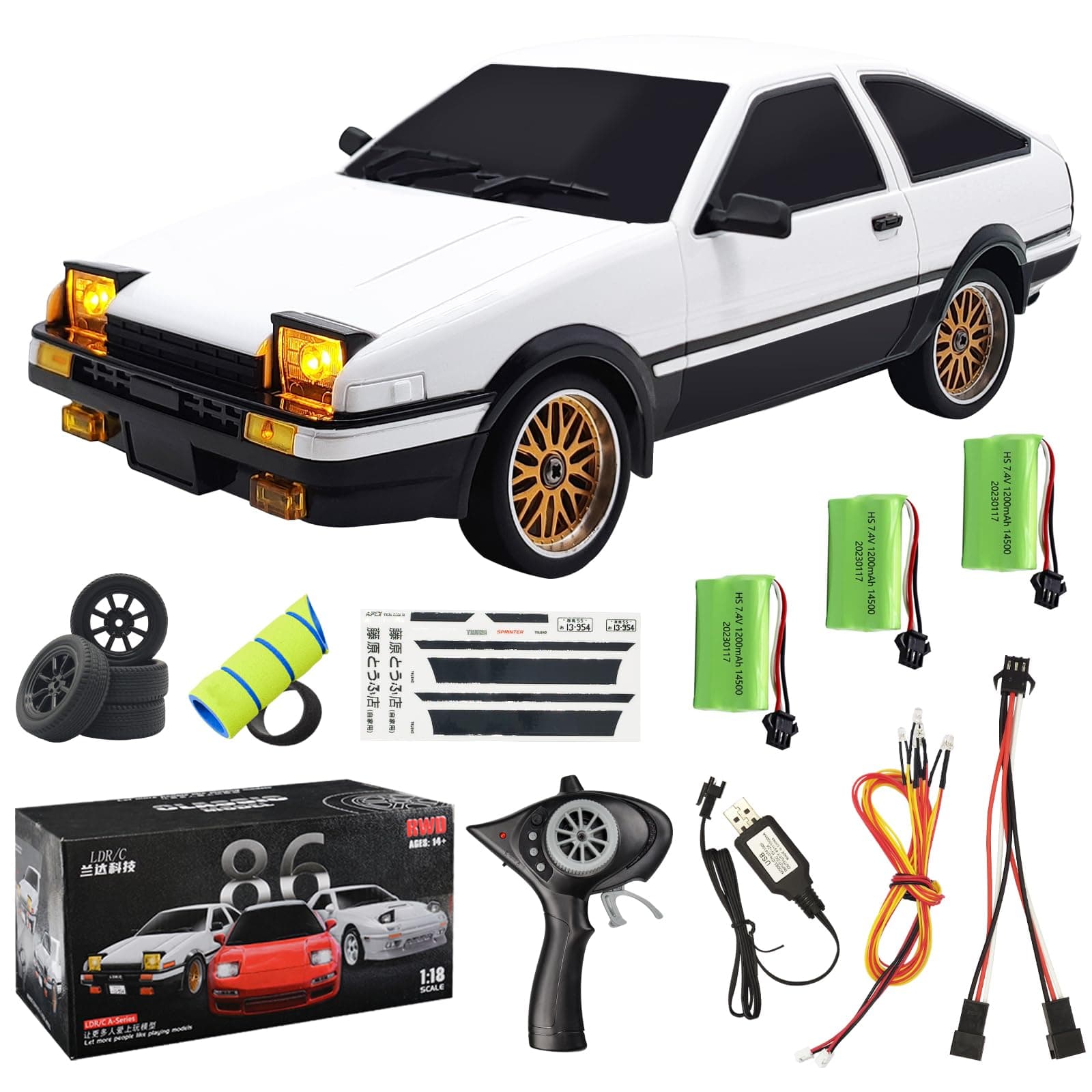 LD1801 1/18 AE86 RC Drift Car (Initial D), 3pcs Upgraded 1200mAh Batteries, 2.4G 150 Brushed Motor & 10A ESC, 3-Channel Full Proportional Remote Control