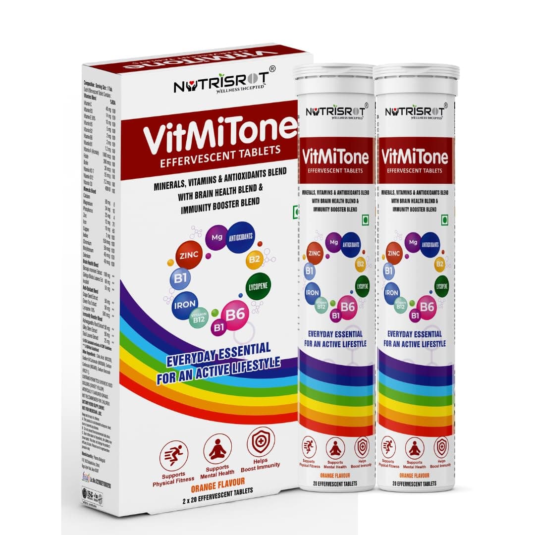 - VitMiTone Multivitamin Effervescent Tablets with Vitamin A, B12, C, D, B Complex, Biotin, Folate| Minerals-Calcium, Magnesium, Iron & Zinc| Helps Boost Immunity & Brain Health| Full of Antioxidants in Orange Flavour(2x20)