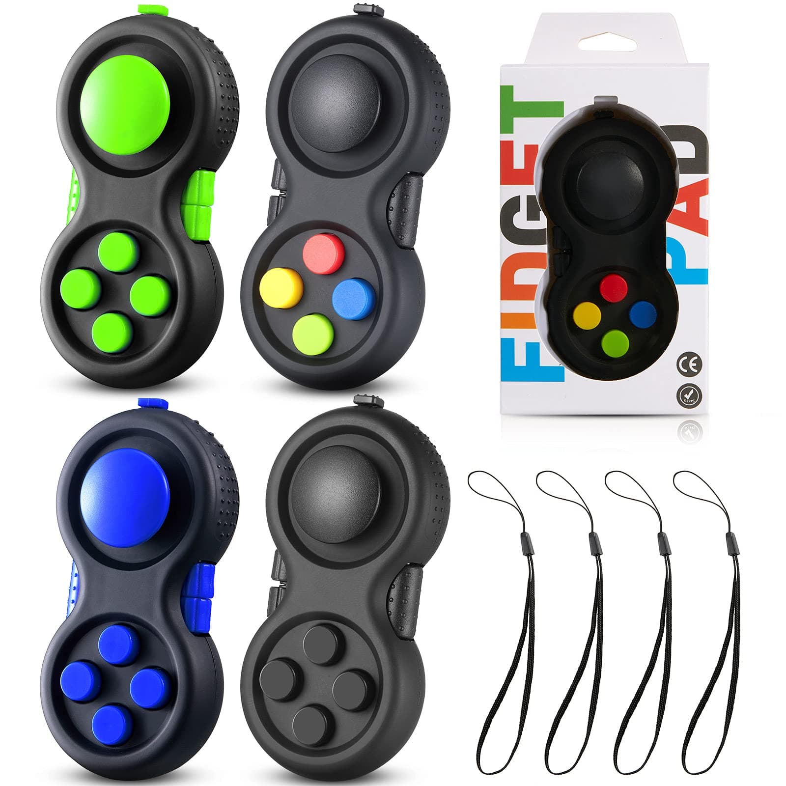 4 Pieces Fidget Game Controller Pad, Keychain Fidget for Adults Teens, Mini Handheld Cam Pad Cube Anxiety and Stress Relief Sensory Toy with 8 Fun Features and Lanyard(Assorted Colors)
