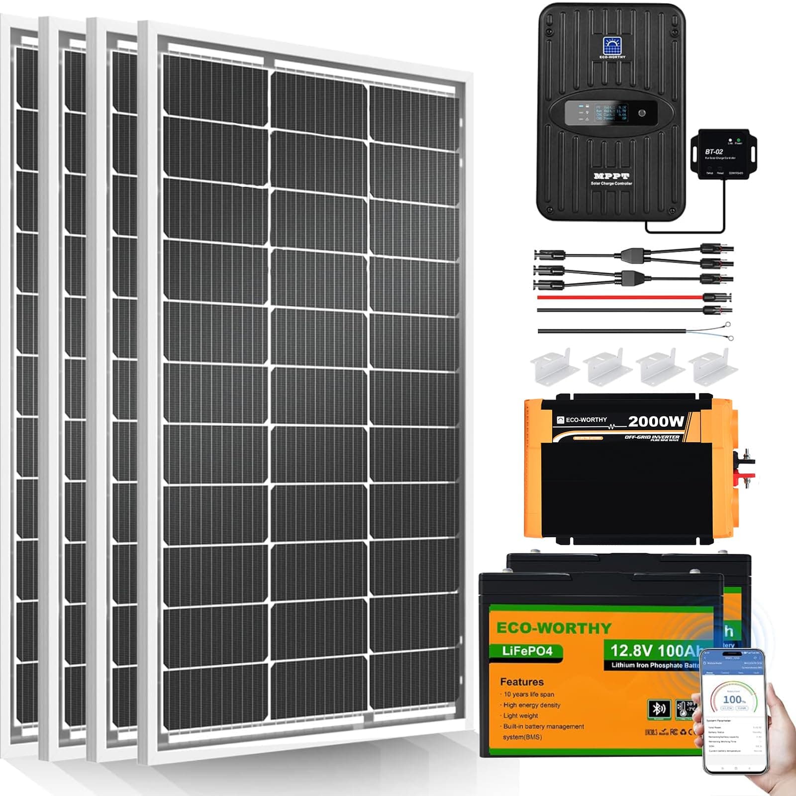 1.6KWH Complete Solar Panel Kit 400W 12V for RV Off Grid: 4 * 100W Solar Panel + 40A MPPT Controller + 2 * 12V 100Ah Lithium Battery + Upgraded 2000W Power Inverter + Bluetooth Module