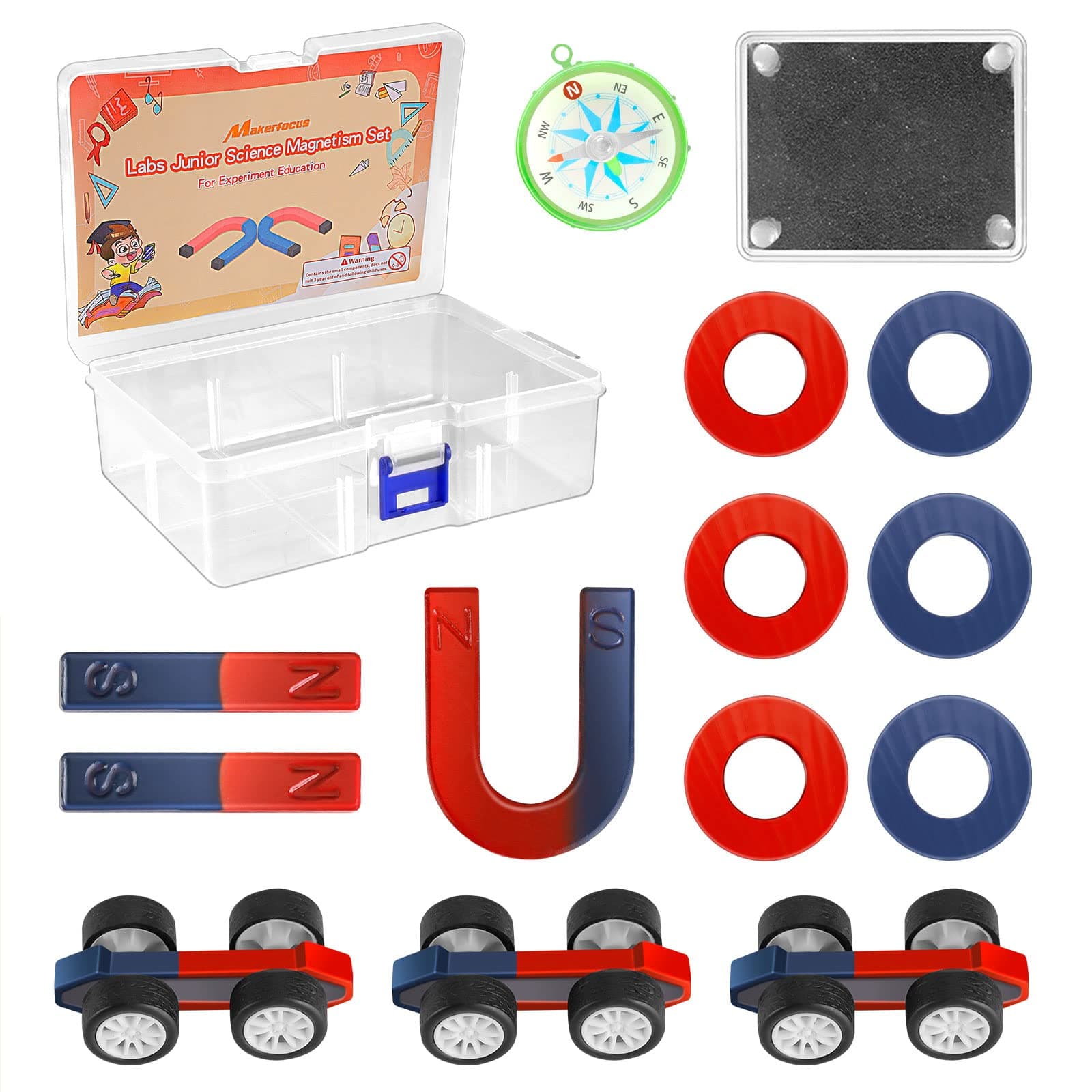 Science Magnet Kits for Kids:Educational Magnet Science Projects STEM Magnets Experiment Tools Physics Lab Magnet Kits Includes Bar/Ring/Horseshoe/Compass/Magnetic Iron Powder, White