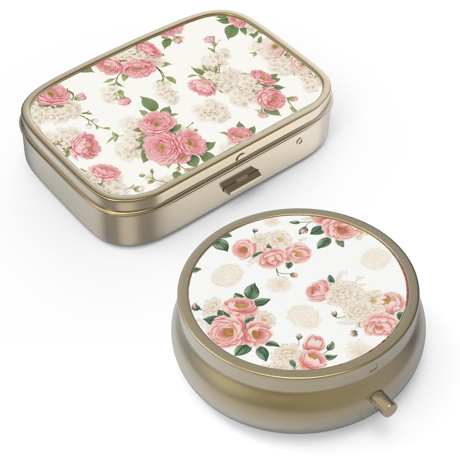 Pill Organizer Pill Box with Mirror Retro Small Pill Case for Purse or Pocket Bronze Pill Box or Vitamins, Fish Oil, Supplements, Pill Containe Travel Gifts(2PCS-Retro Pink Floral)