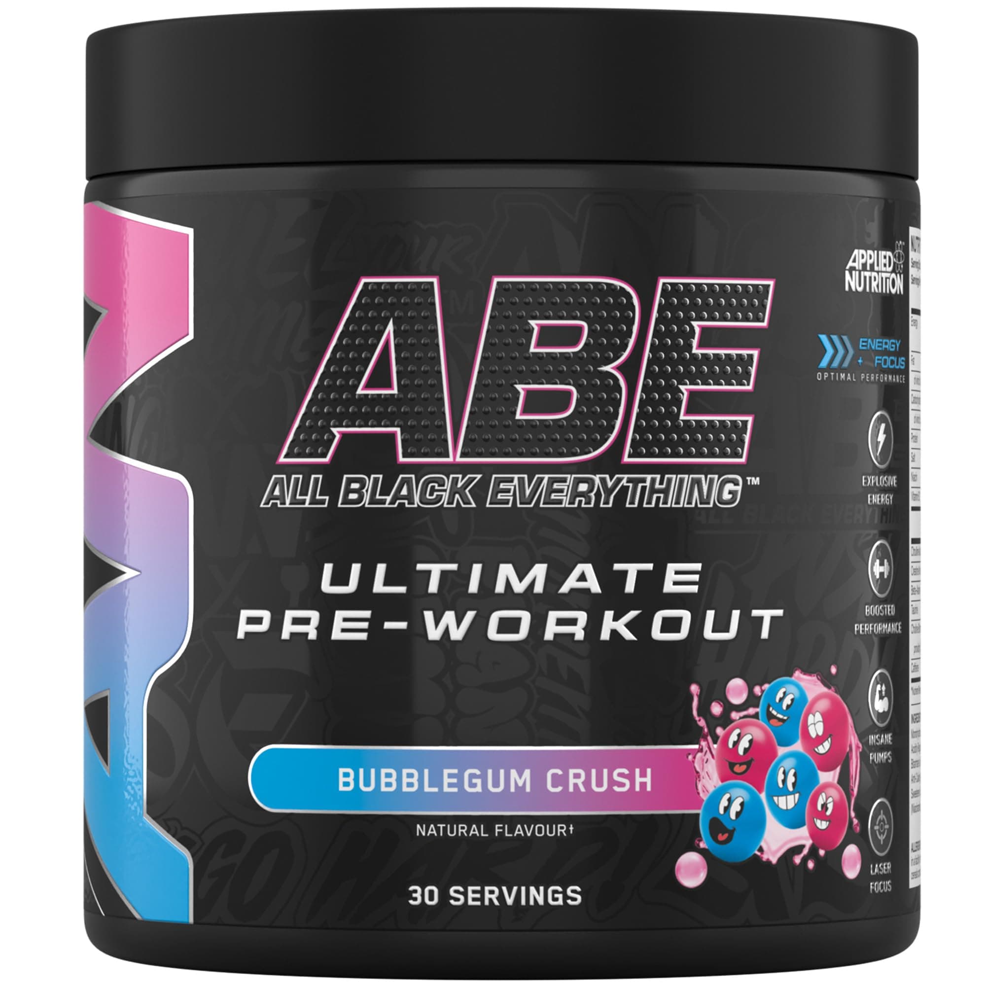 Applied Nutrition ABE Pre Workout - All Black Everything Pre Workout Powder, Energy & Physical Performance with Citrulline, Creatine, Beta Alanine (375g - 30 Servings) (Bubblegum Crush)