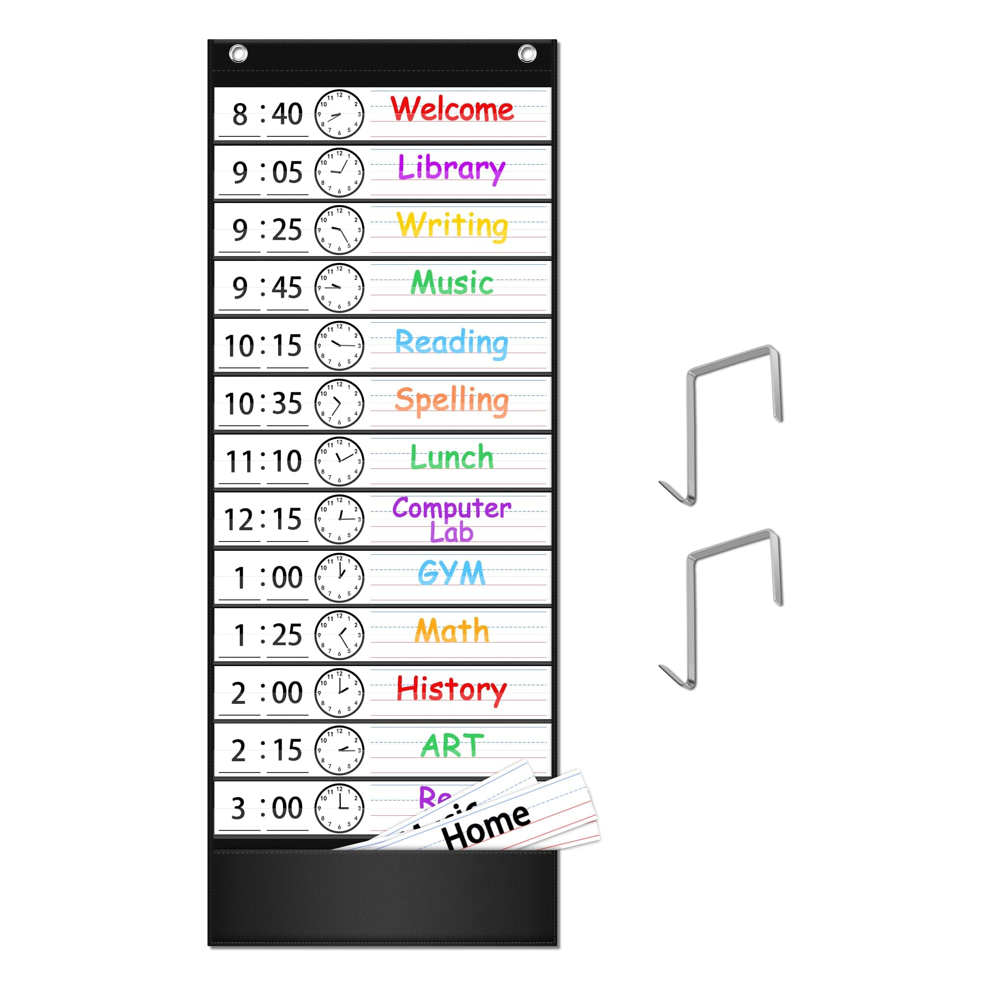 Eamay Daily Schedule Pocket Charts, Teaching Scheduling Pocket Chart, Hanging File Organizer with 18 Dry Erase Cards, Educational Tool for Classroom, School, Office or Homeschooling (Black)