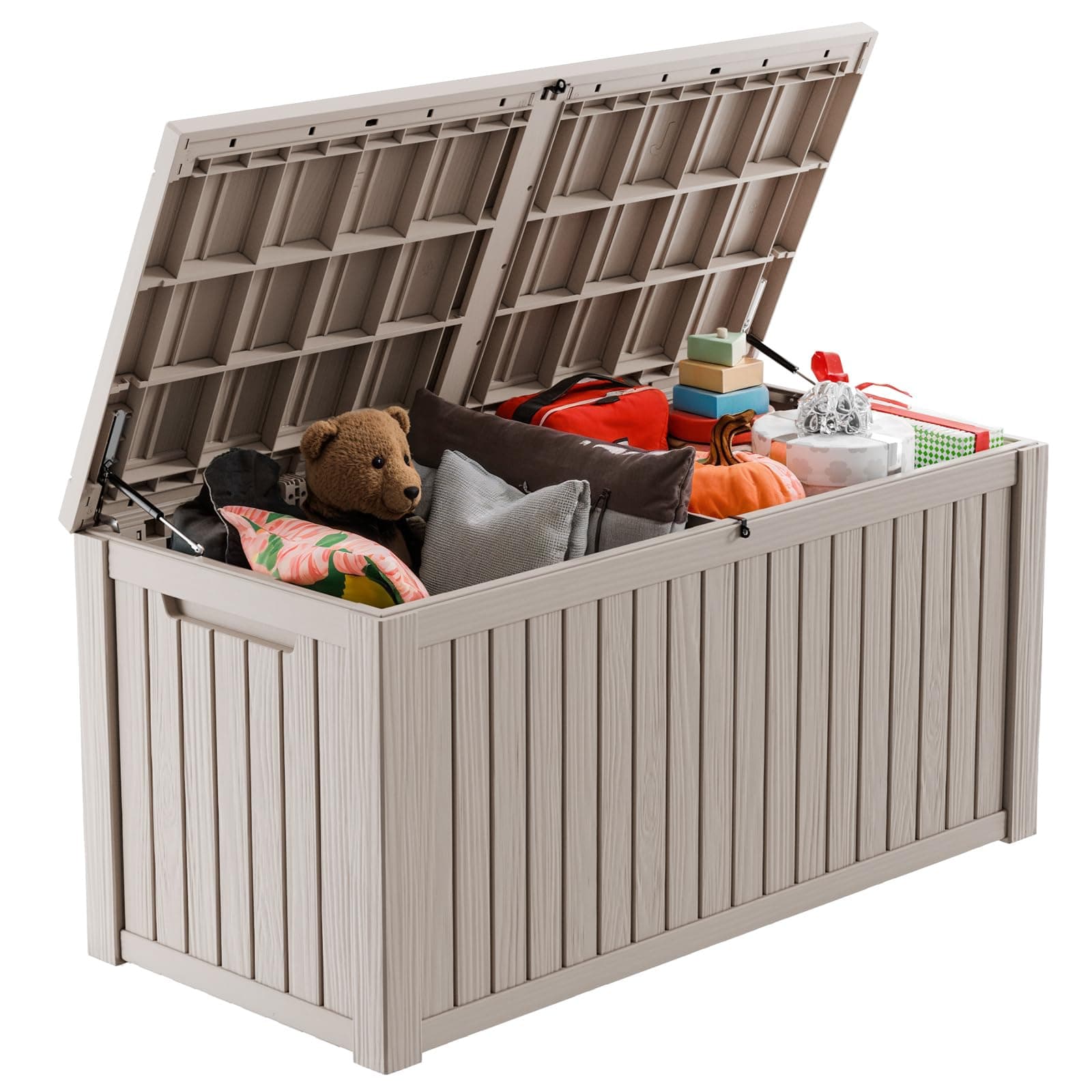 180 Gallon Large Resin Deck Box, Outdoor Lockable Storage Box with Divider for Patio Cushions Storage Furniture, Pool Supplies, Garden Tools, Weatherproof and UV Resistant- Light Brown