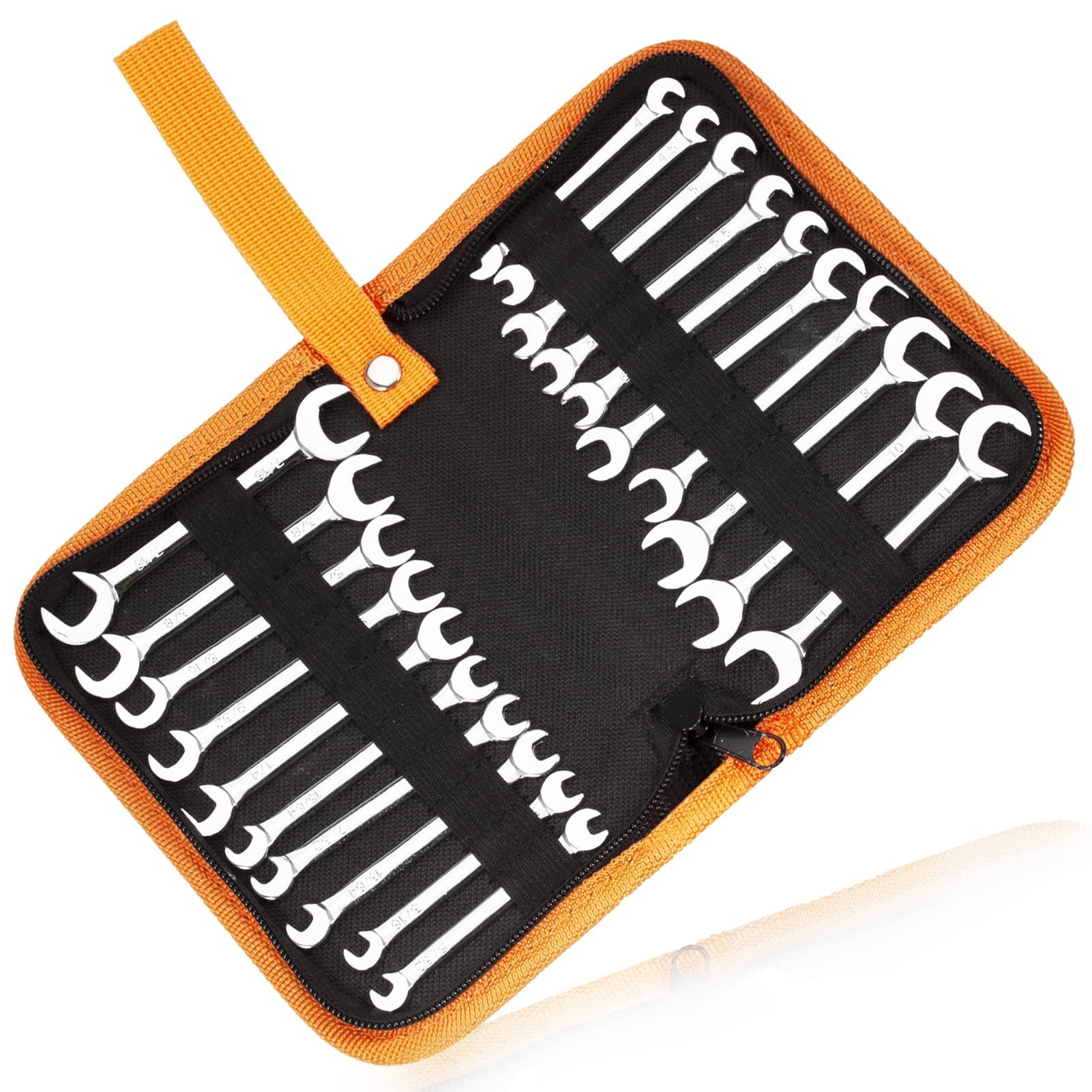 LEONTOOL Mini Double Open End Wrench Set Metric and SAE 20 Pcs 4-11mm & 5/32" to 7/16" Mirror Chrome Finish Super Thin Open Ended Spanner Double Angle Head with Portable Storage Pouches