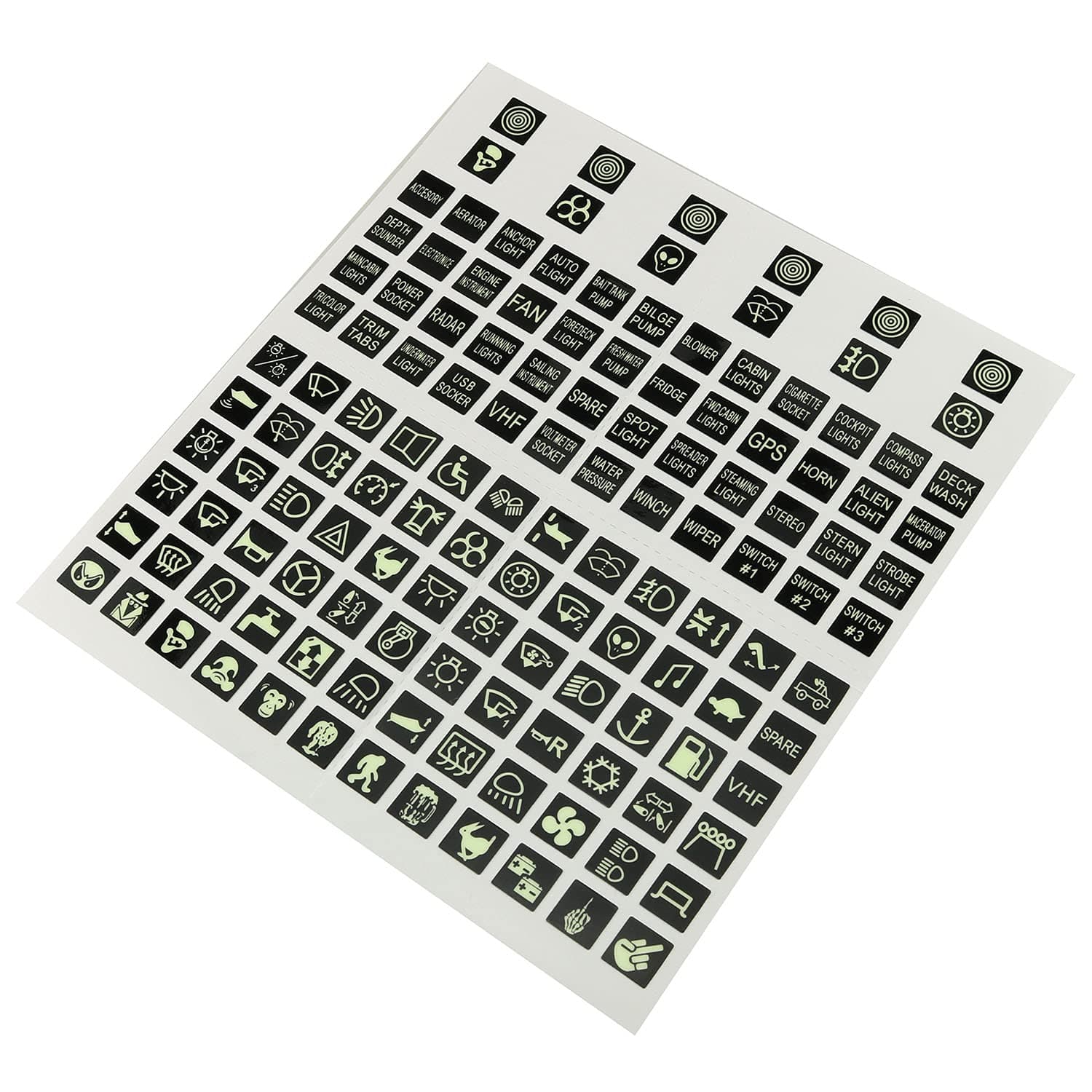 Rocker Switch Label Decal 120PCS Night Glow Graphic Text Rocker Toggle Switch Panel - Name Sticker Label Set for Boat RV Car Truck Vehicle