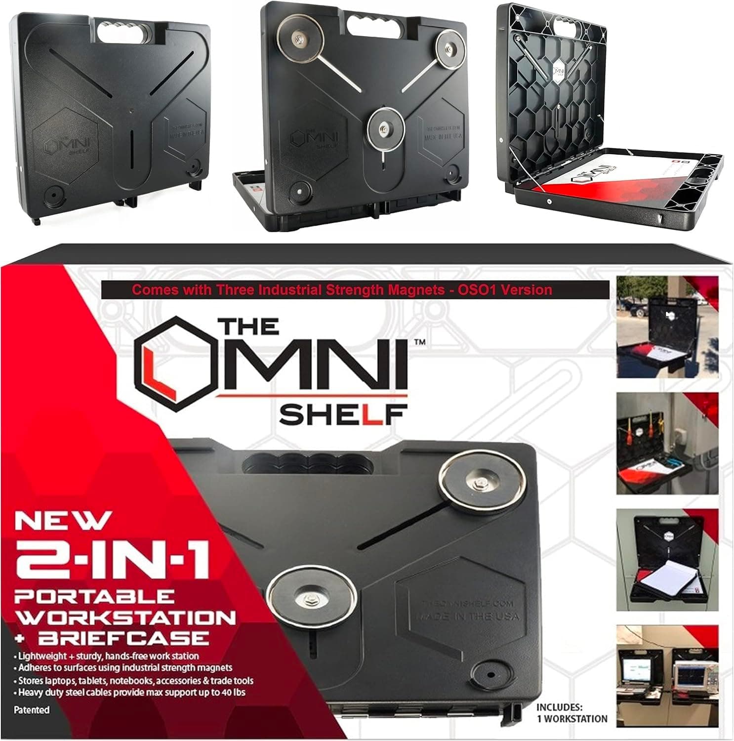 The OmniShelf Portable Workstation, Magnetic Toolbox, Laptop Stand w/ 50 lb Capacity, Hands Free Workstation, Attach to HVAC, Trucks, Walls, Poles etc. (Model # OSO1 - Magnets)