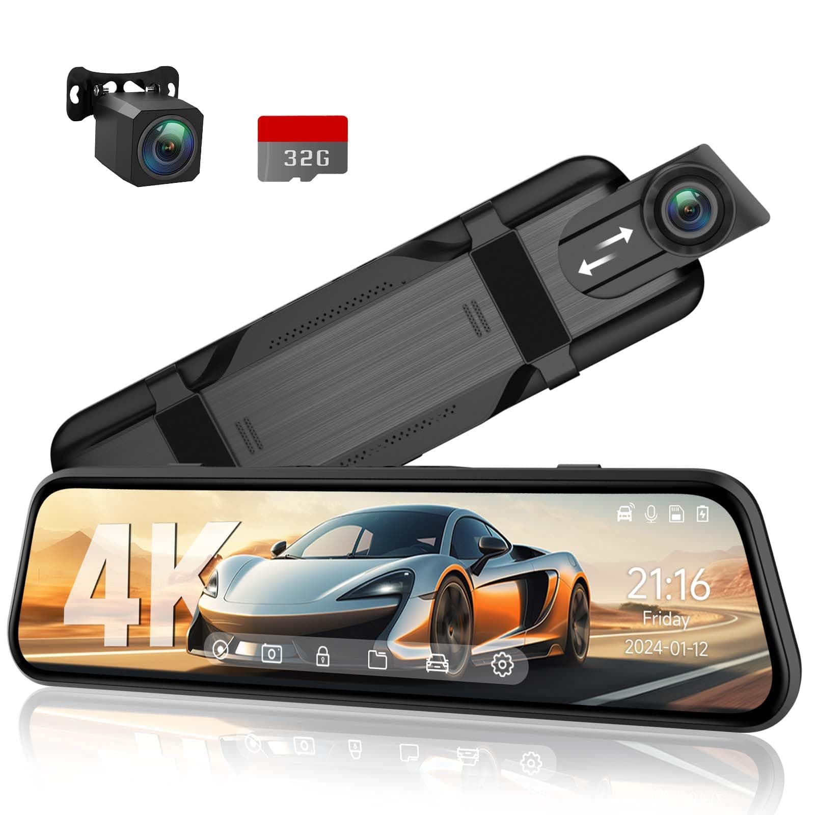 Veement 4K Rear View Mirror Camera, 10'' 4K Mirror Dash Cam with 1080P Backup Camera, Dash Cam Front and Rear for Car with Voice Control, 24H Parking Mode, Night Vision, 32GB SD Card Included