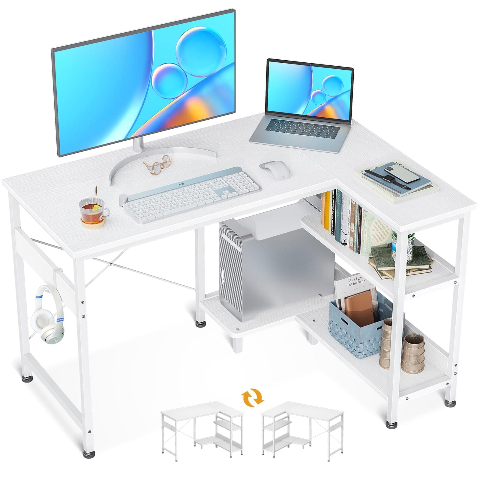 ODK 40 Inch Small L Shaped Computer Desk with Reversible Storage Shelves, L-Shaped Corner Desk with Monitor Stand for Small Space, Modern Simple Writing Table for Home Office Workstation, White