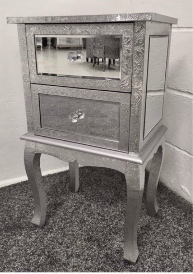 CMD Products Chaandi Kar Metal Embossed Silver Mirrored 2 Drawer Chest Drawers
