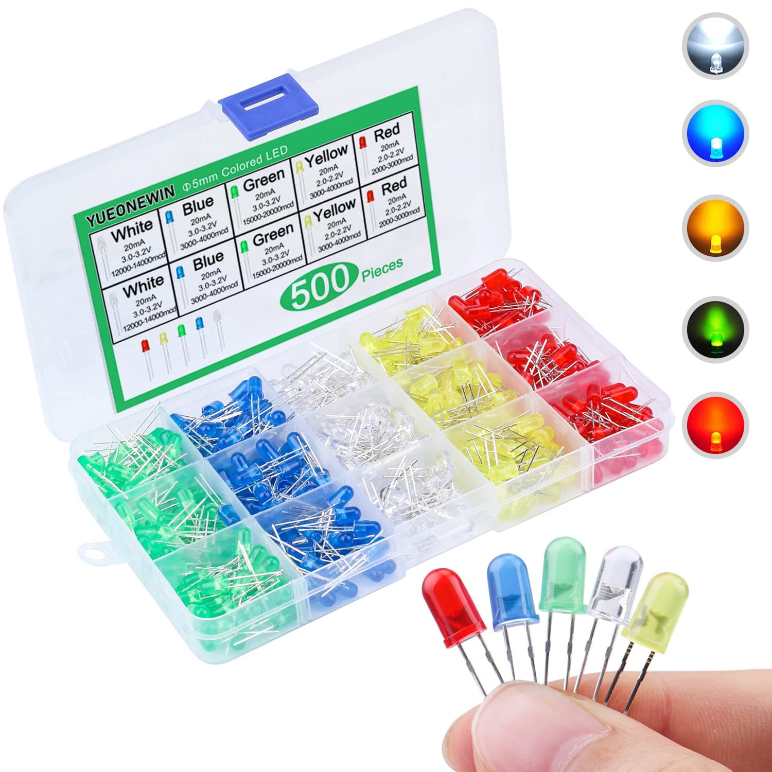 500Pcs 5mm LED Diode Light Emitting Diode Assortment Kit Led Electronics Circuit Assorted Kit for Arduino, PCB Circuit DIY, Christmas Card Making (Multicolor-White/Red/Yellow/Blue/Green)