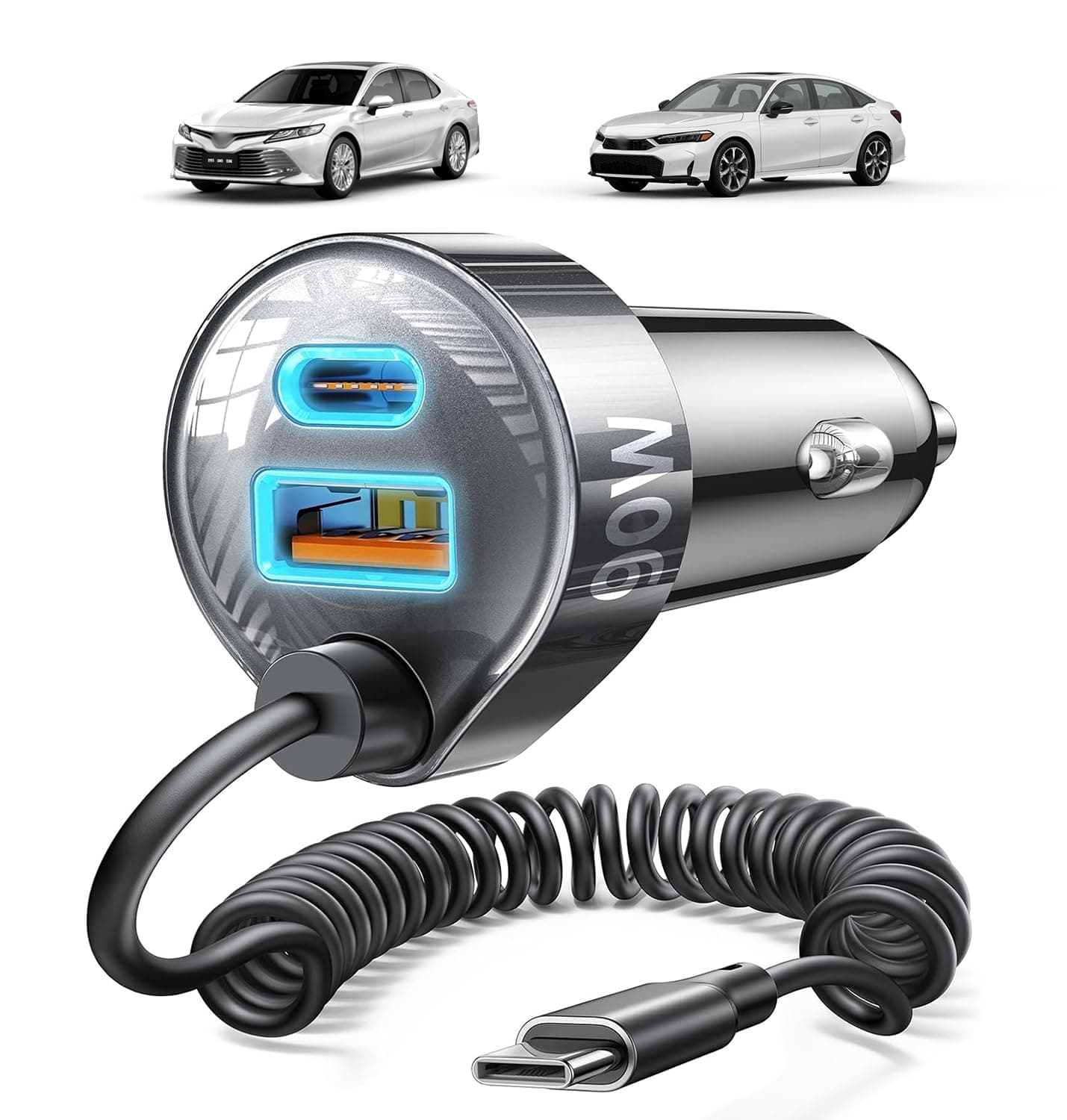 90W Cigarette Lighter USB Charger【3.3ft for Tidy Space】,Super Fast USB C Car Charger with 45W Super Fast Charging Coild Cable Fit iPhone 17 16 15 Air Pro Max Plus,Samsung Galaxy S25/24,Android