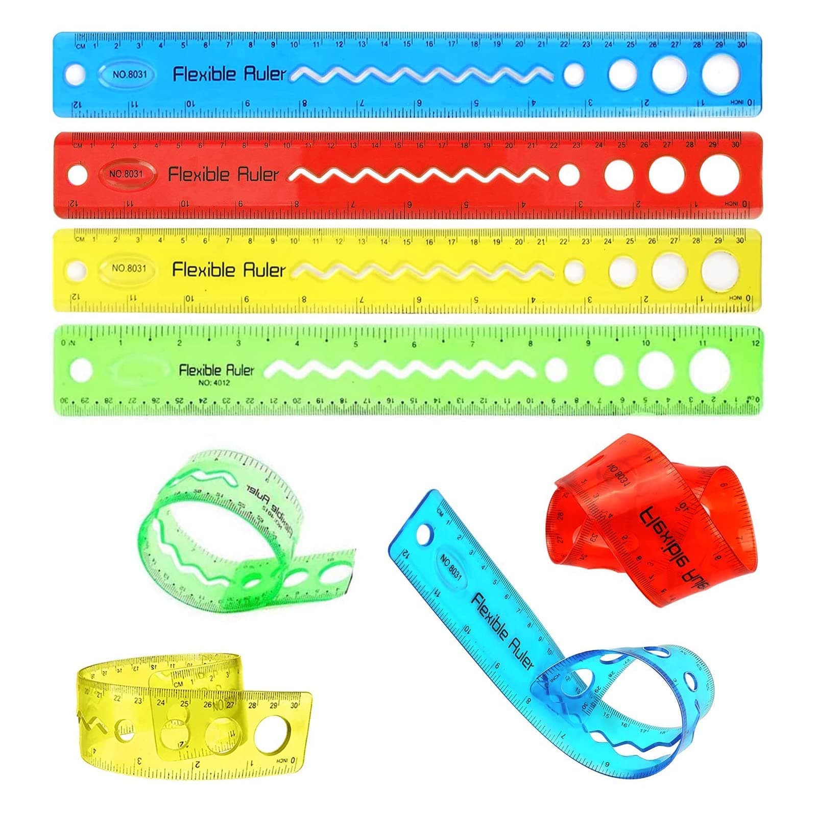 TERRIFI Flexible Ruler Set, 8 Pcs 30cm/12inch Translucent Ruler, 4 Colors Soft Plastic Ruler with Inches and Metric Dual Side Rulers Bendable Ruler Folding Rulers for School Classroom Home Office