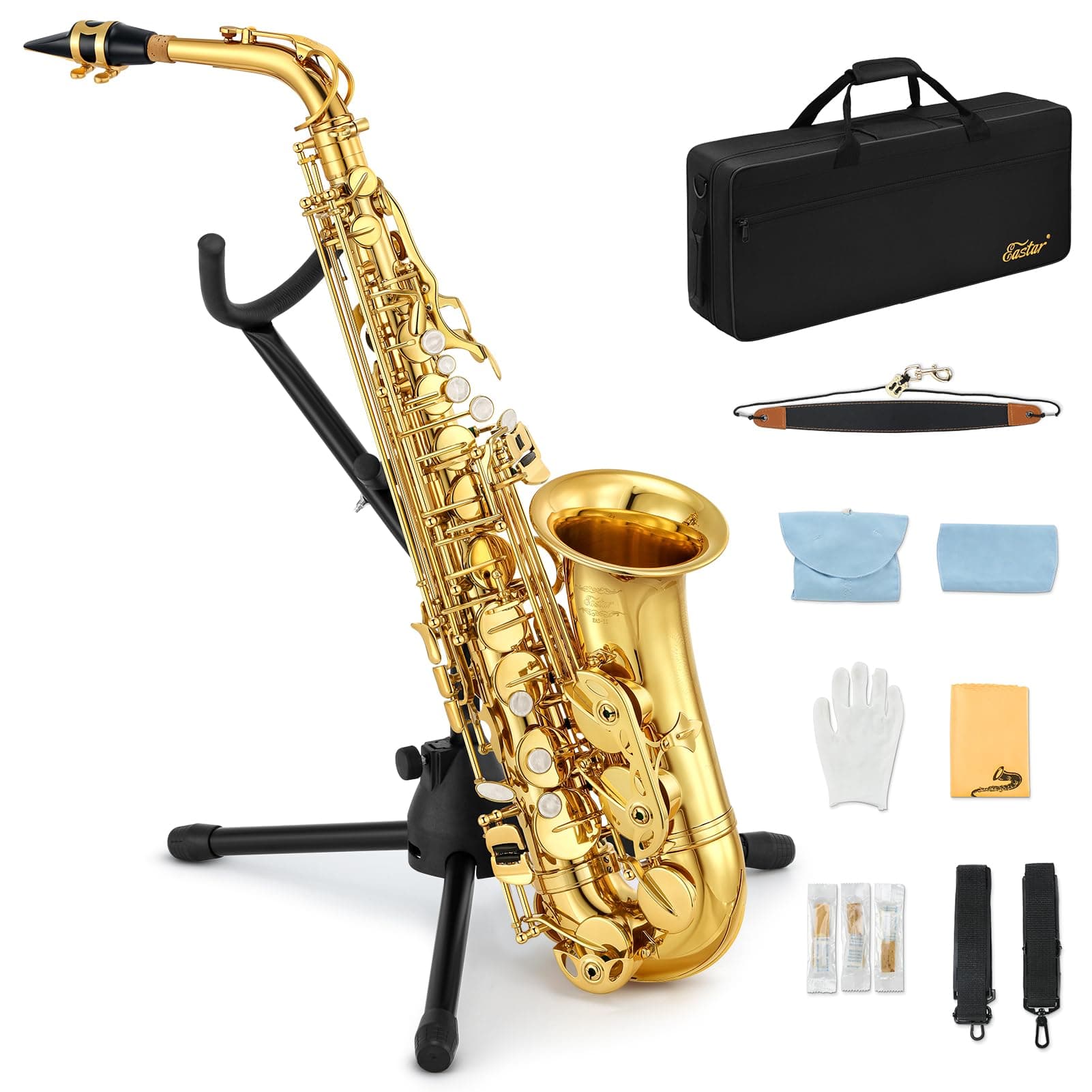 Eastar Alto Saxophone E Flat Student Alto Saxophone Gold Lacquer Beginner Saxophone With Cleaning Cloth, Carrying Case, Mouthpiece, Neck Straps,Cork Grease, Reeds and Stand, Saxophone Full Kit, AS-Ⅱ