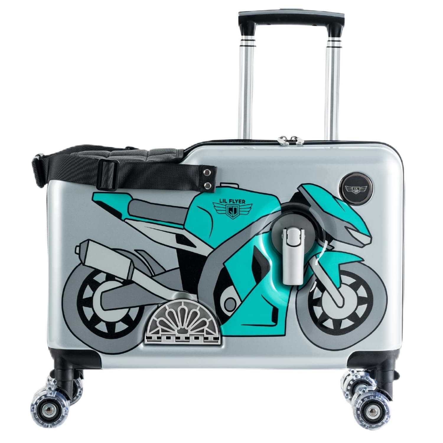 - LIL FLYER GO Version 2 Ride On Suitcase for Kids | Carry On Luggage with Toddler Seat, Foldable Handlebars, Pedals, and Removable Wheels | Holds up to 80 lbs | Green Motorcycle | Ages 2-6