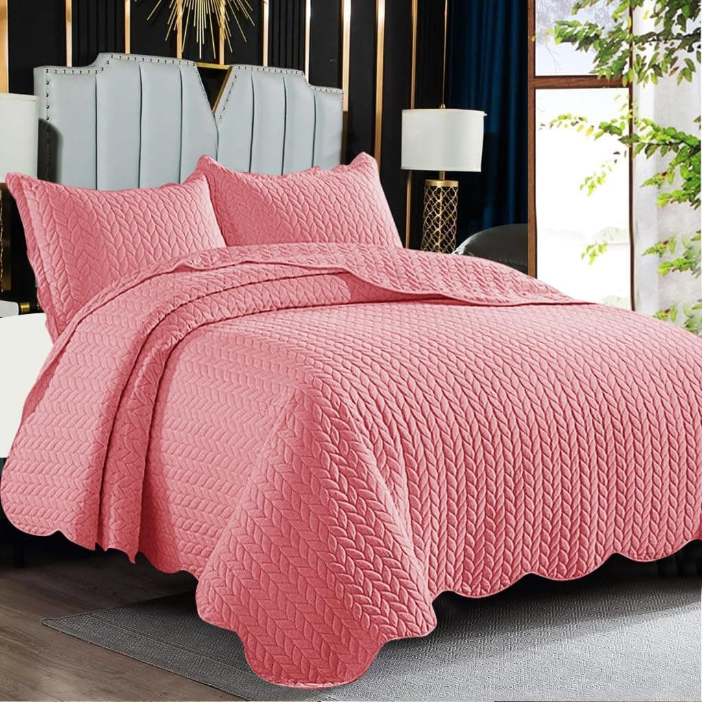 PHP Quilted Bedspread King Size Bed - Reversible Matt Finish Embossed Bedding Sets Kingsize Quilt 250 X 240 cm + 2 Pillow Shams- Pink Bed Throws Bedspreads