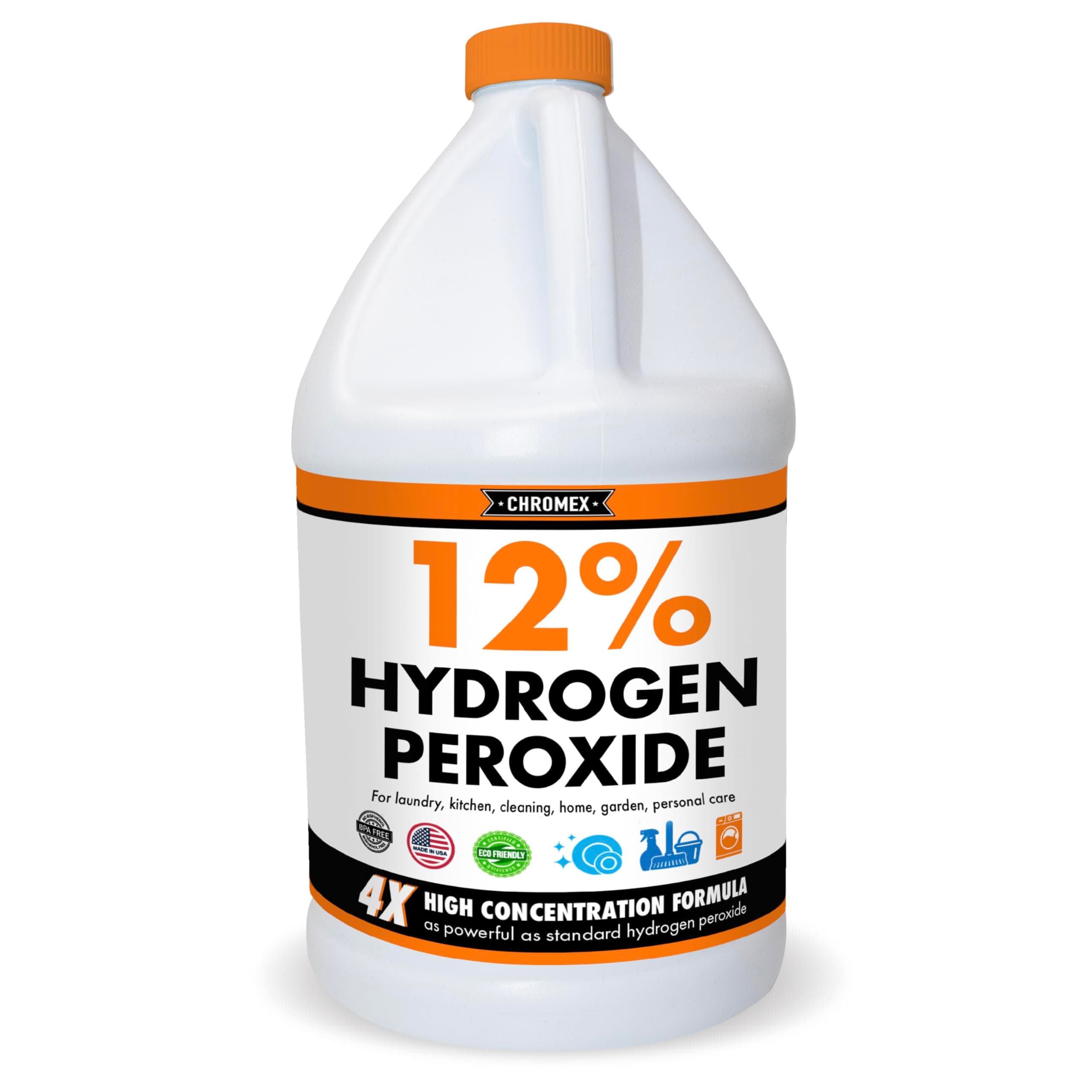 Hydrogen Peroxide 12 Percent Food Grade, 4X Power Concentrated Solution, Dilutes to 4 Gallons, Versatile Uses Include Topical Care, Home, Kitchen, Bath Cleaner, Laundry, Whitening, 1 Gallon
