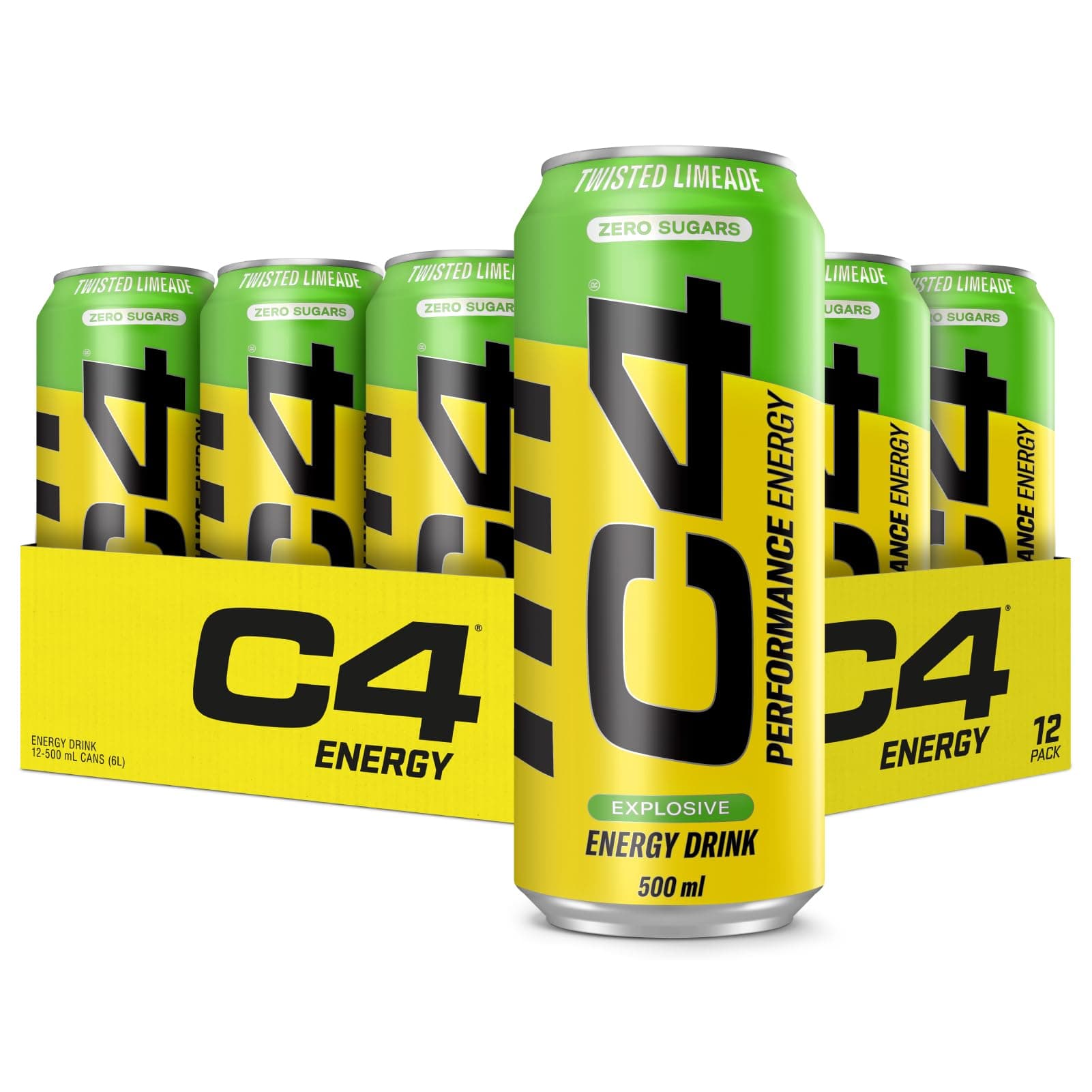 C4 Performance Energy Pre-Workout Carbonated Drink with Beta-Alanine, Zero Sugar, Twisted Limeade Flavor, 500ml Pack of 12