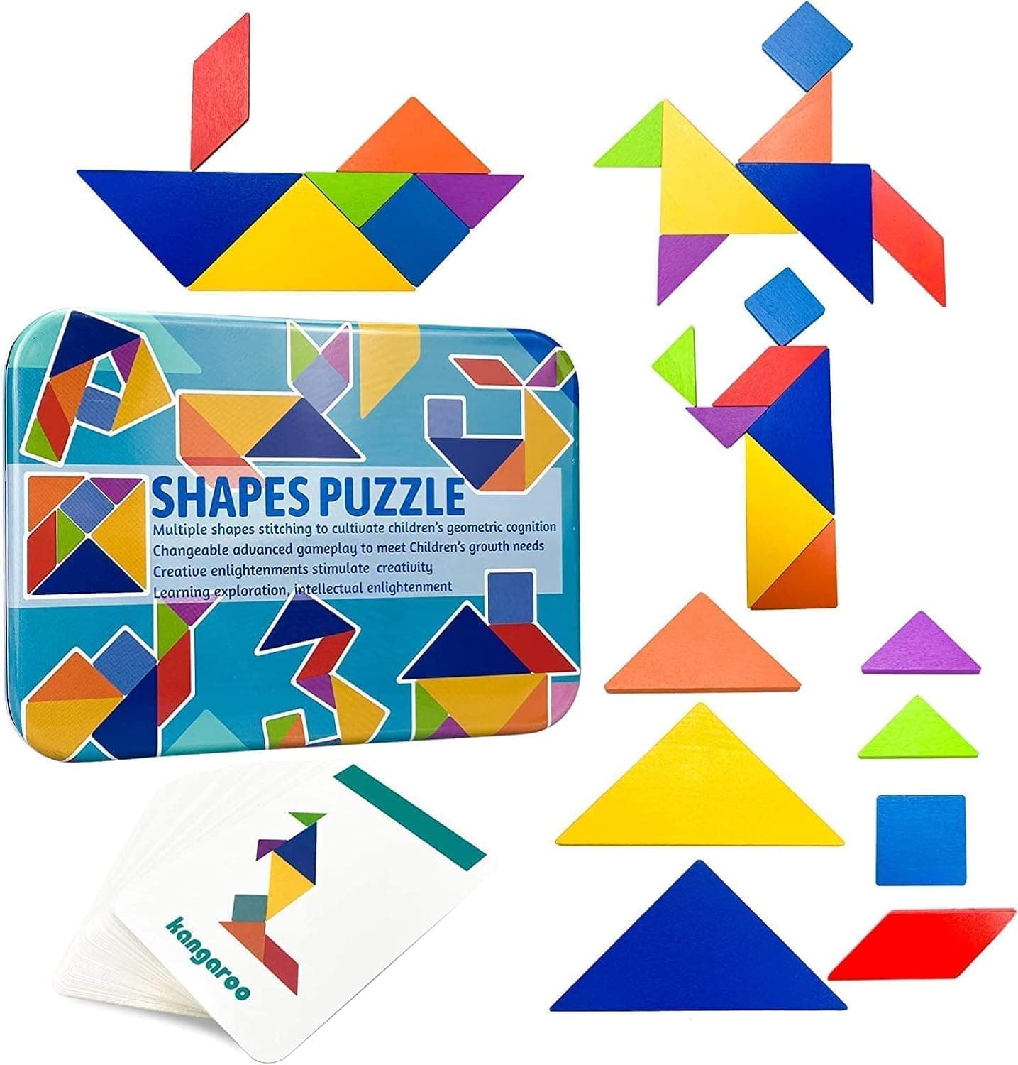 SKY-TOUCH Early Development Tangram Pattern Puzzles Set,Wooden Puzzle Blocks Colorful Tangram Sorting,Stacking Games Montessori Educational Toys,60 Design Cards with 120 Pattern Jigsaw Puzzle