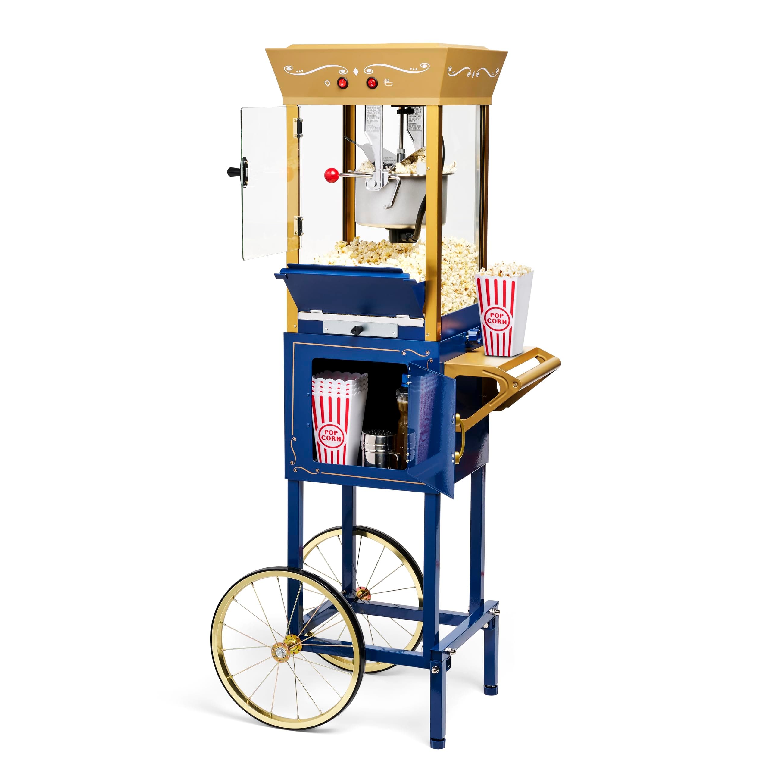 Popcorn Maker Machine - Professional Cart With 8 Oz Kettle Makes Up to 32 Cups - Vintage Popcorn Machine Movie Theater Style - Navy & Gold