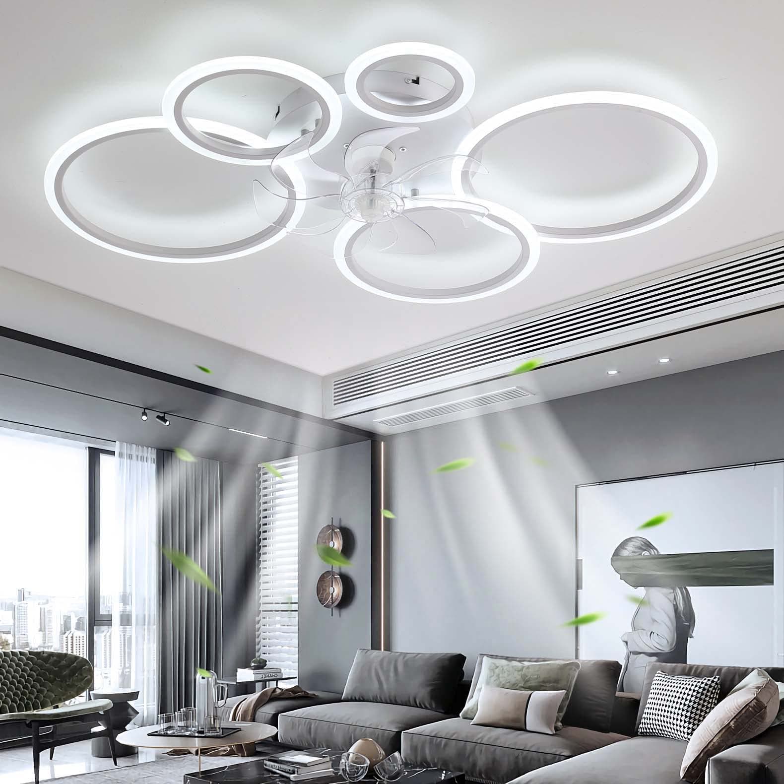 Modern Ceiling Fan with Lighting with Remote Control, LED 72W Dimmable Fan Ceiling Light Ceiling Fan Light for Living Room Bedroom Kitchen, 6 Speed, Fan Reverse, White 100cm