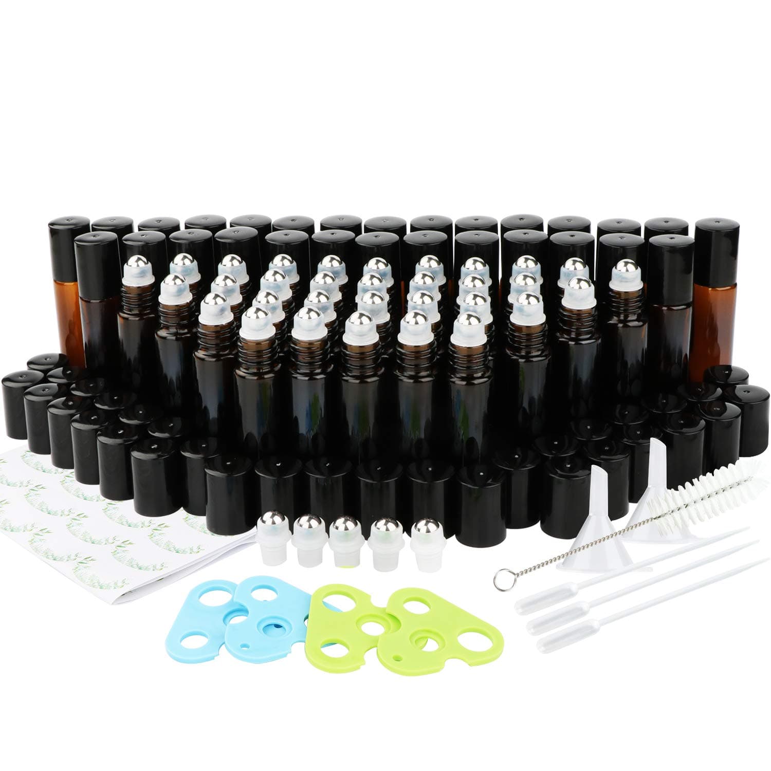 Glass Roller Bottles,Maredash 60 Pack 10mL Amber Essential Oils Bottles with Stainless Steel Roller Balls, 60 Labels, 4 Bottle Openers, 2 Funnels, 3 Droppers, 1 Brush, 5 Extra Roller Balls