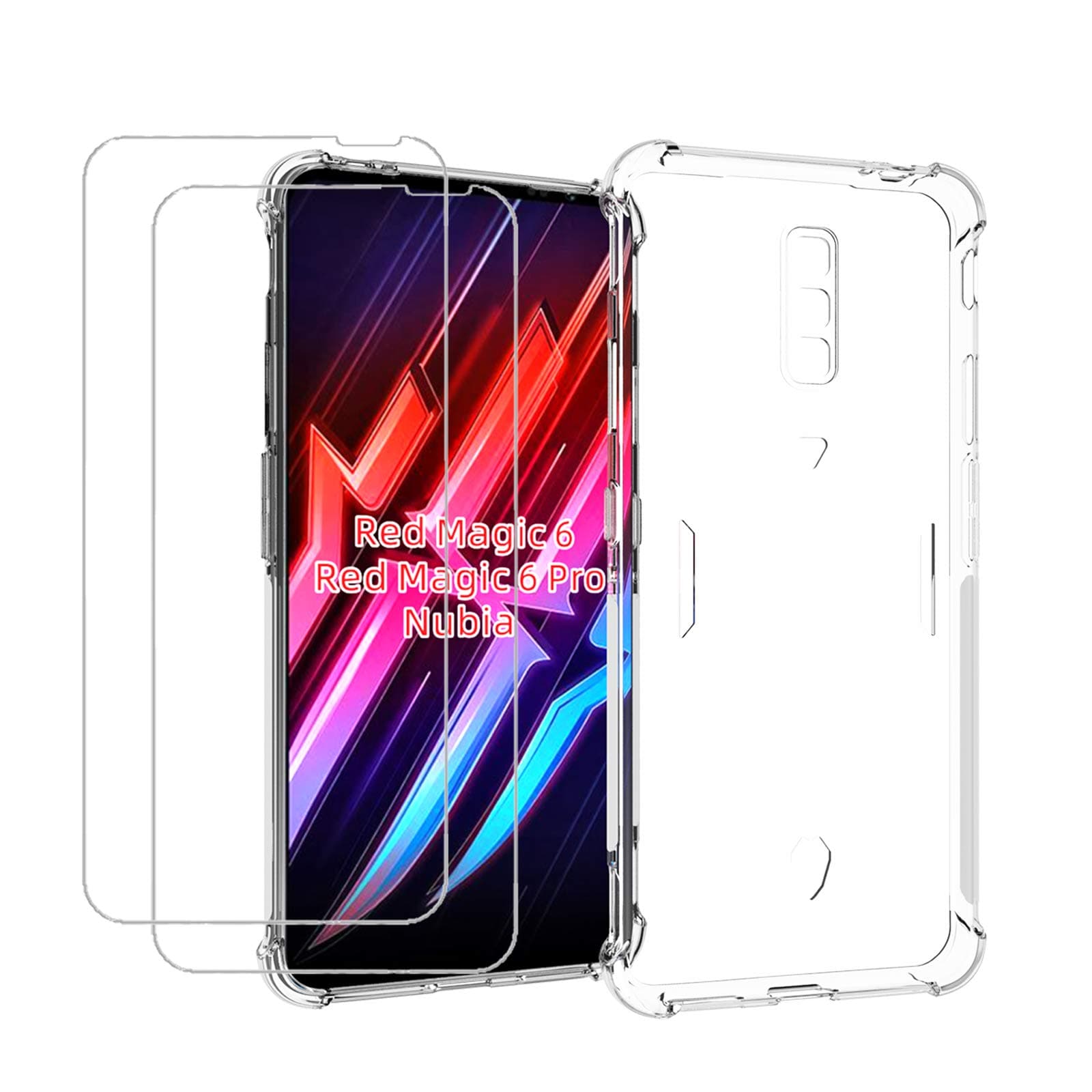 QCMM Compatible for ZTE Nubia Red Magic 6 / Red Magic 6 Pro Case with Tempered Glass (2 Pieces) Slim Shock Absorption TPU Soft Edge Bumper with Reinforced Corners Transparent Protective Cover