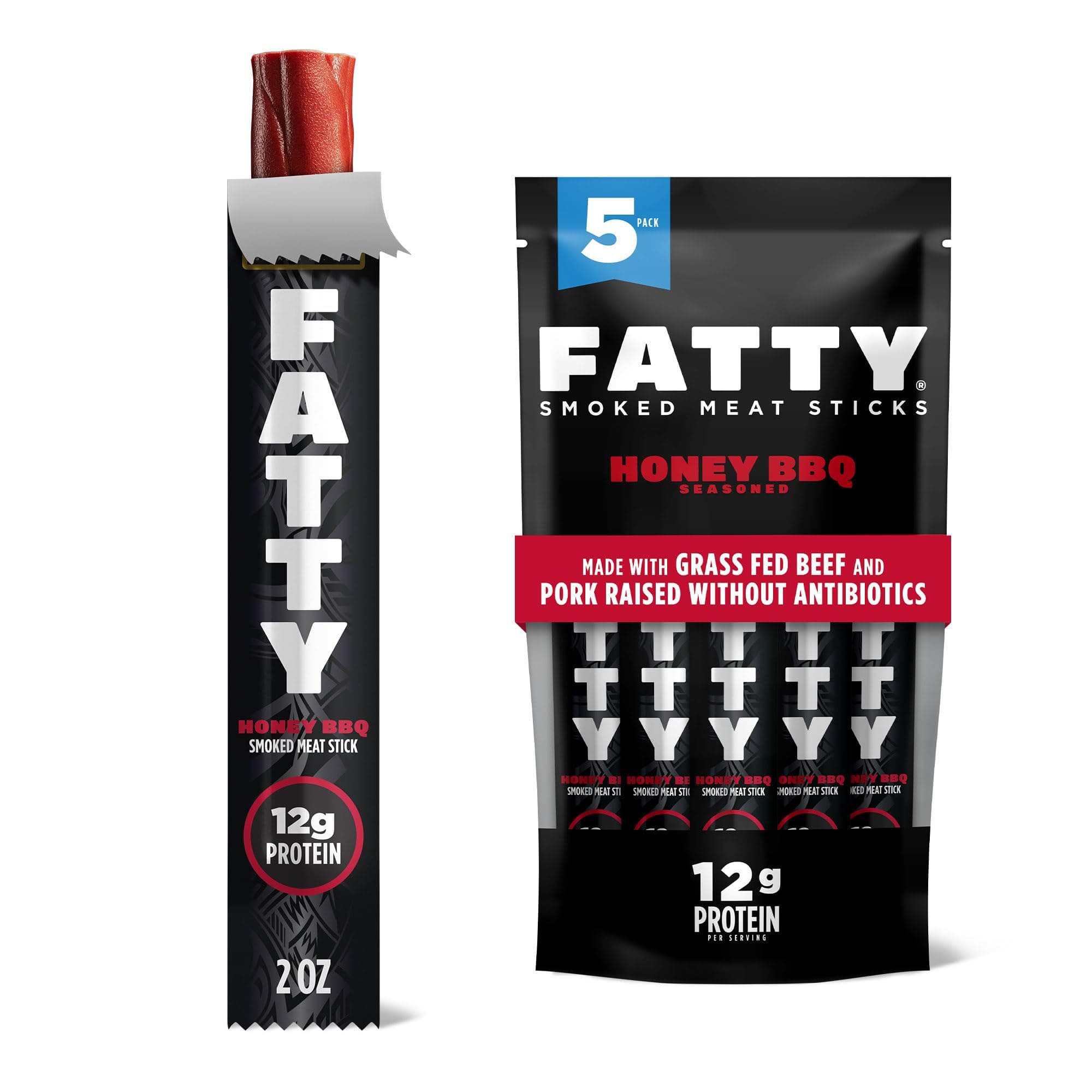 Meat Sticks, Made with Grass Fed Beef, Pork Raised Without Antibiotics, 12g Protein Per Stick, Honey BBQ, Easter Basket Stuffer for Men, 2 oz. (Pack of 5)